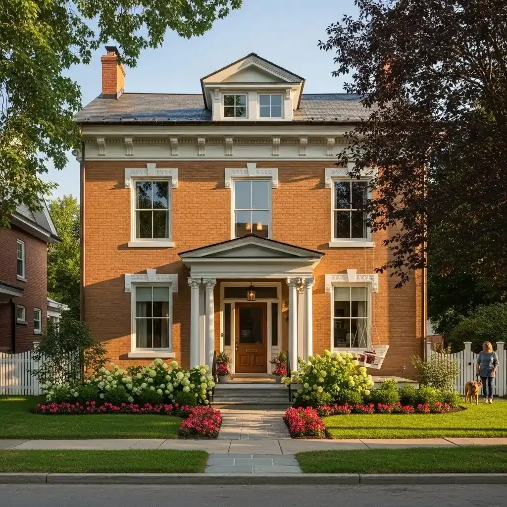 exterior view of a renovated historic home showcasing preserved architectural character and modern landscaping
