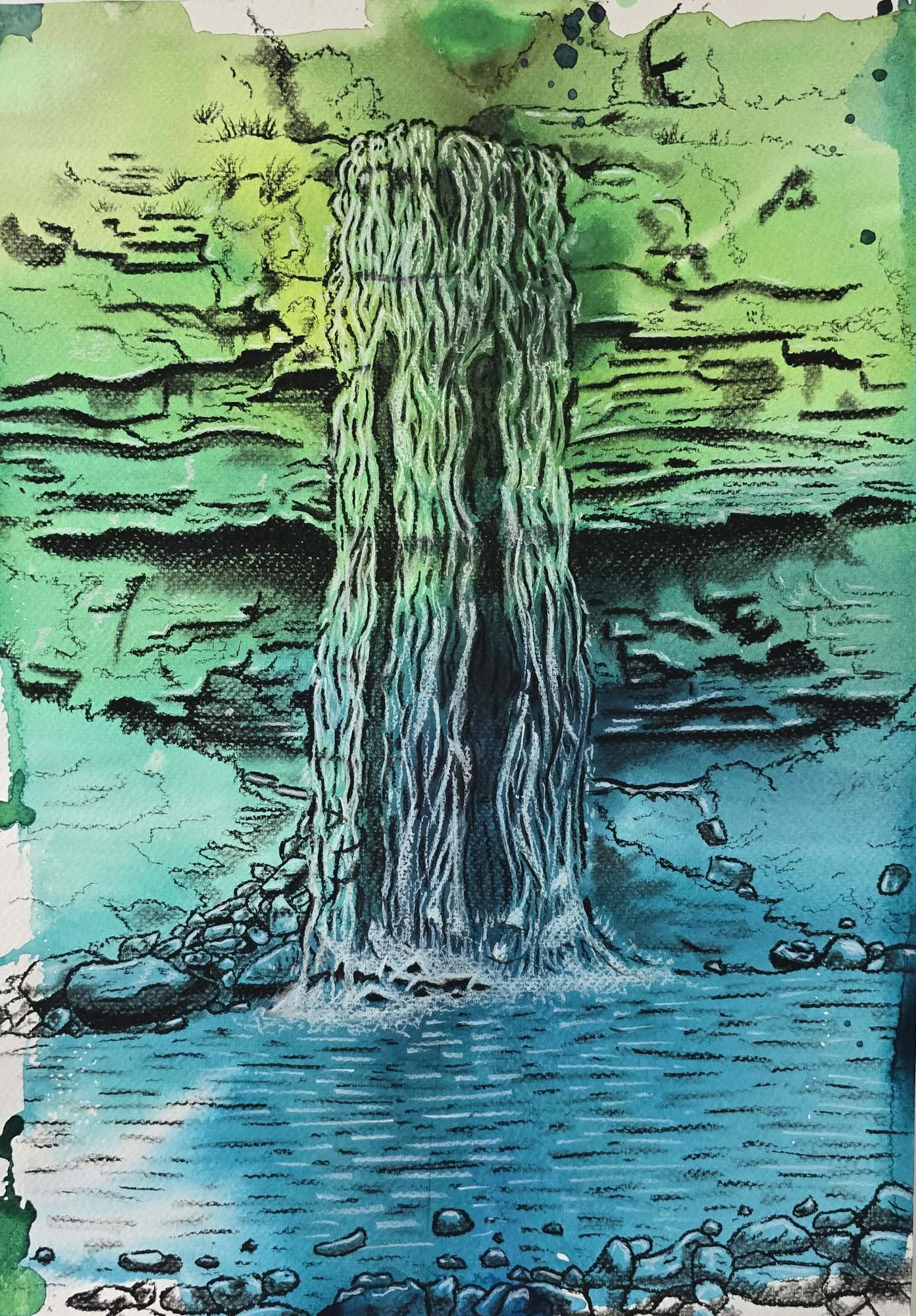 Henrhyd Falls. Charcoal on ink wash. Jenni Moffitt.jpg