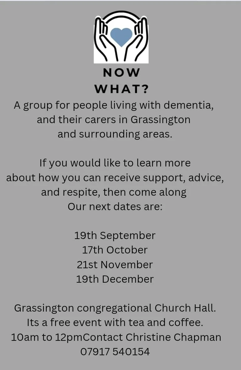 Flyer for a dementia support group event with a logo of two hands holding a heart, dates listed, and contact details at the bottom.