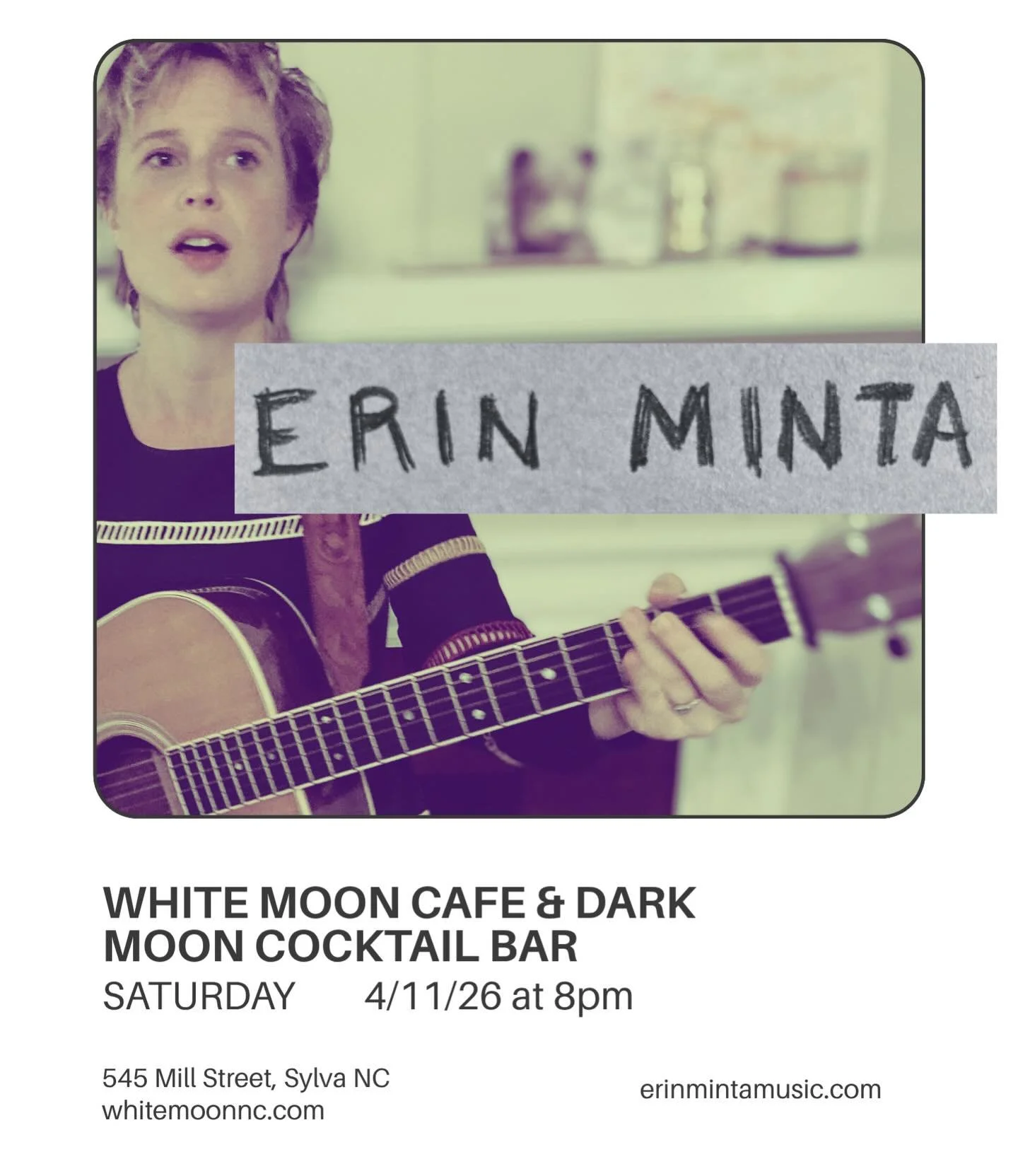 Stop by Dark Moon next Saturday, April 11th, for some country folk tunes by Erin Minta! Drinks serve at 7pm and music starts at 8pm, you won&rsquo;t wanna miss this one woman show 🎶