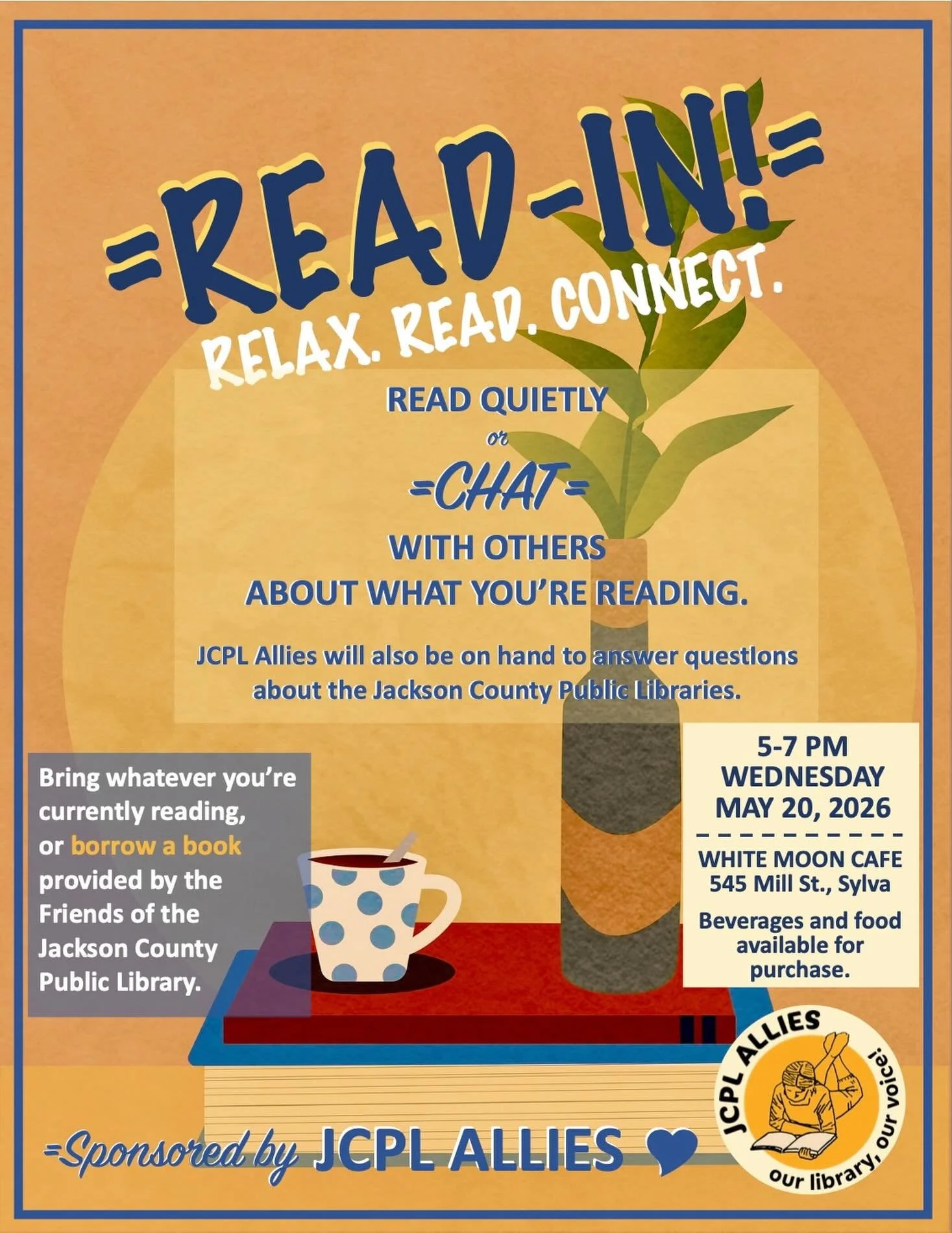 📢Calling all Readers📢 Bring your favorite book, and come on out to our Read-In event tonight! 📖 @jcpl.allies