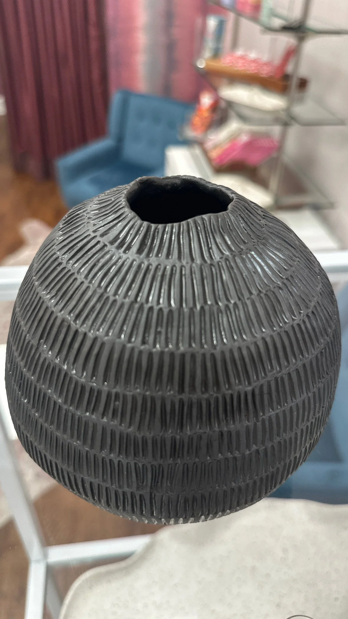 Hand Carved Dark Round Vase
