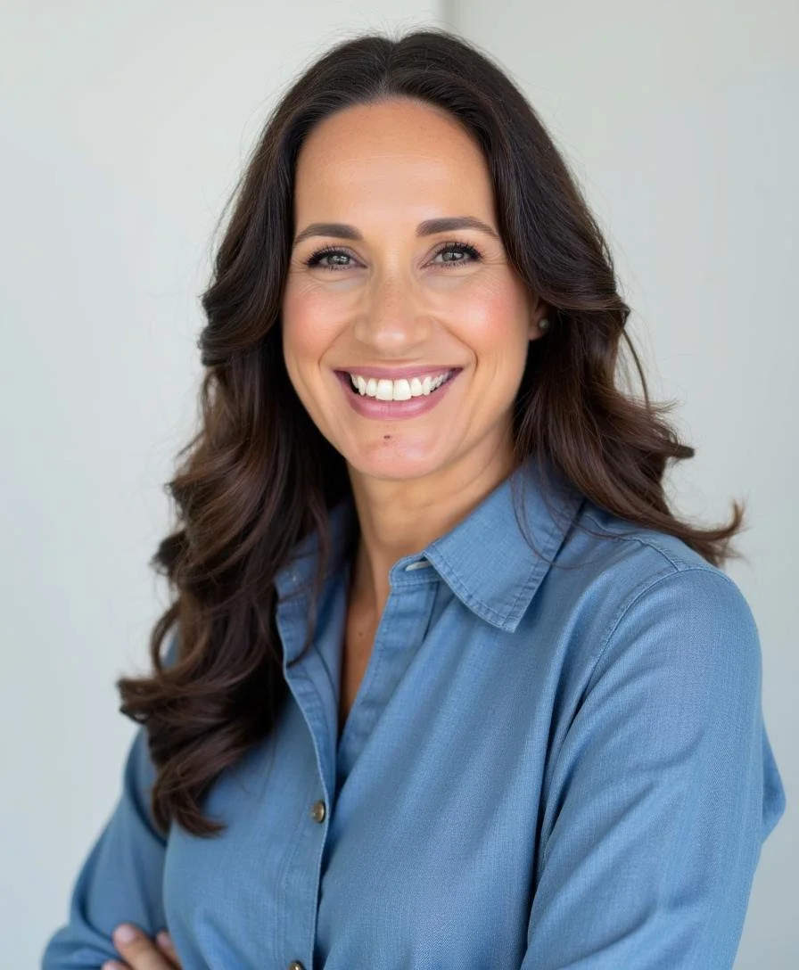 A smiling woman with long brown hair wearing a blue button-up shirt, posing against a plain light gray background.