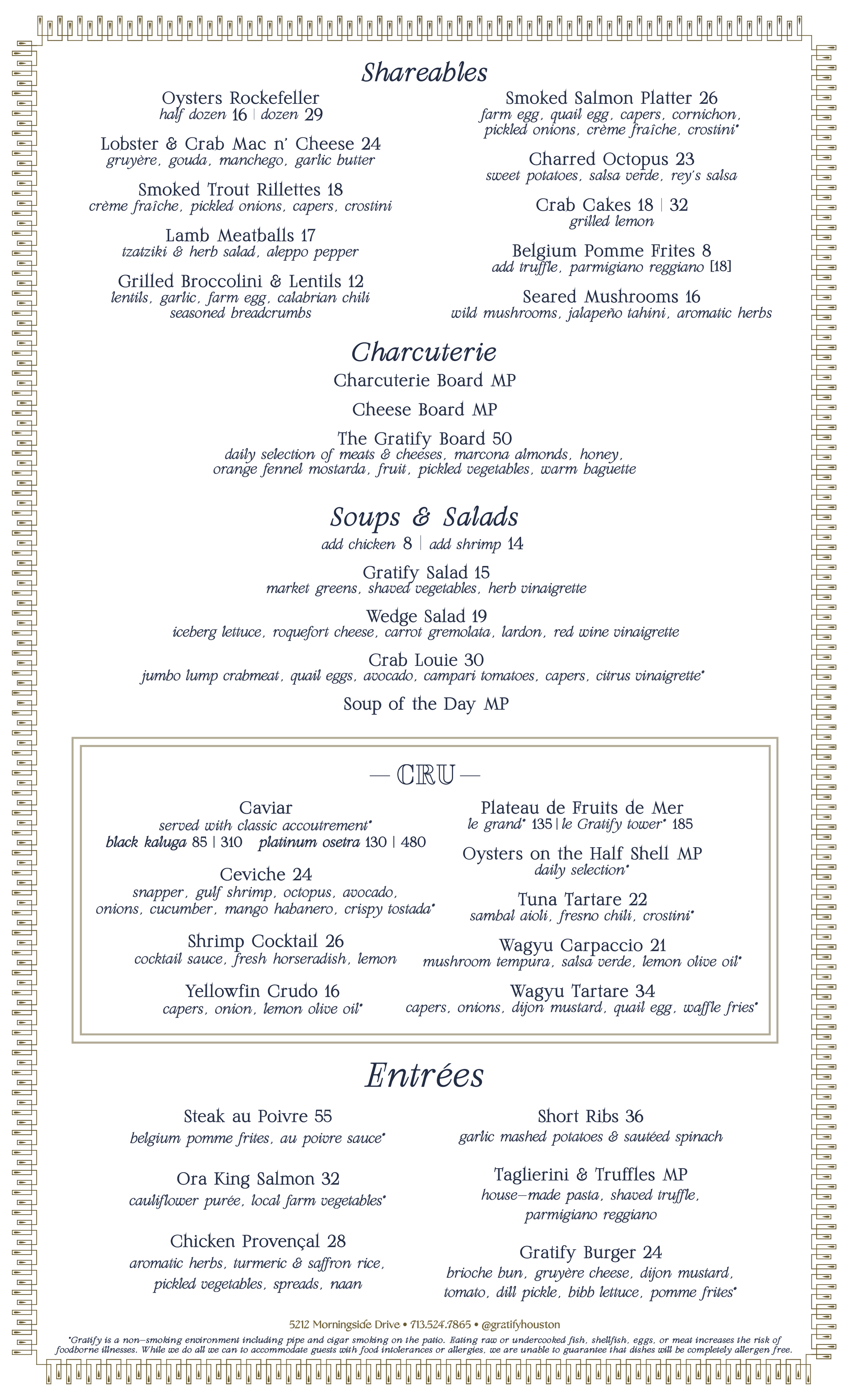 Gratify Dinner Menu