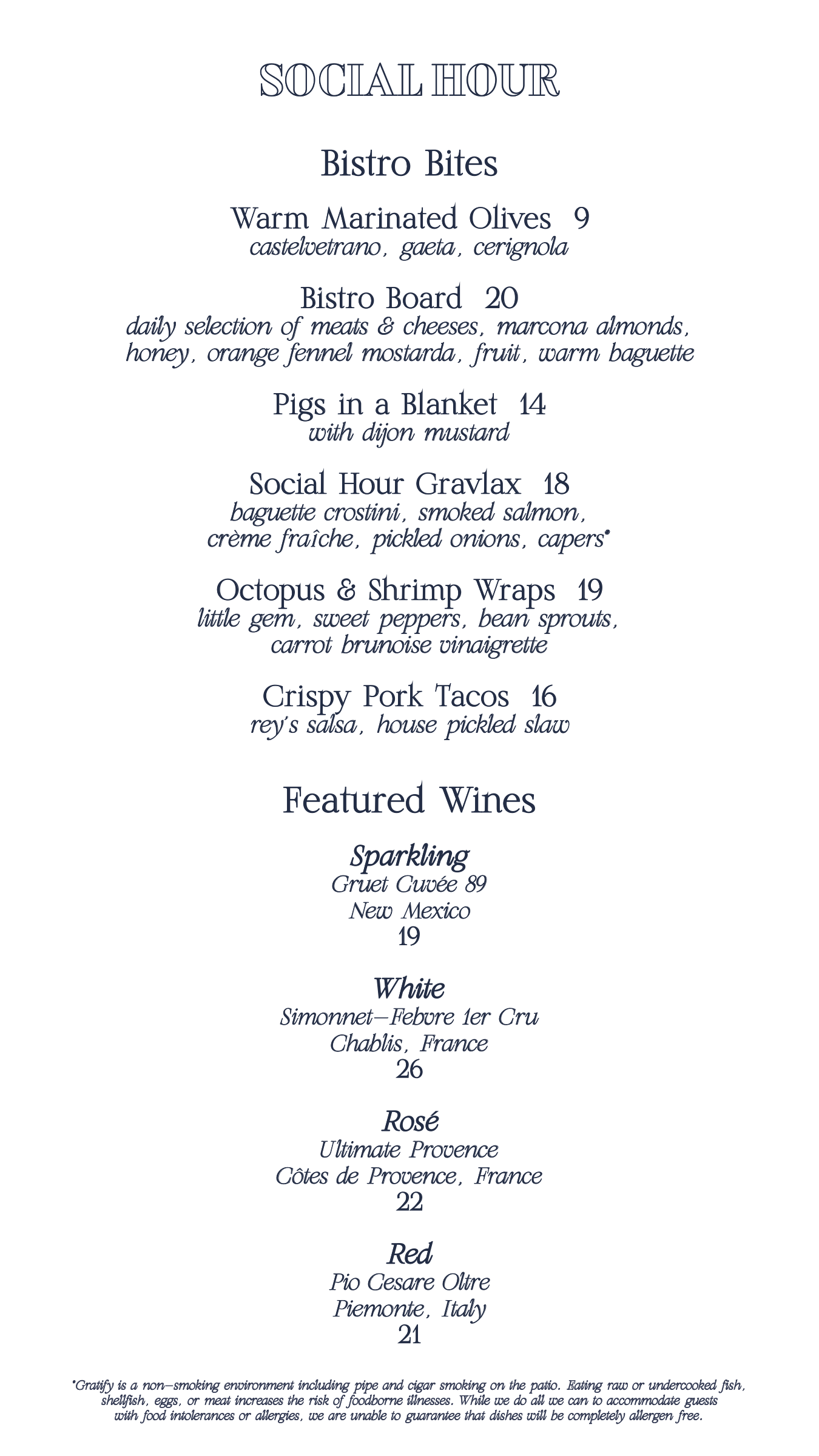 Gratify Happy Hour Menu Front