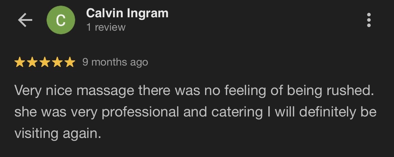 Screenshot of a Google reviews page with a five-star review for a massage service, mentioning professionalism and satisfaction.