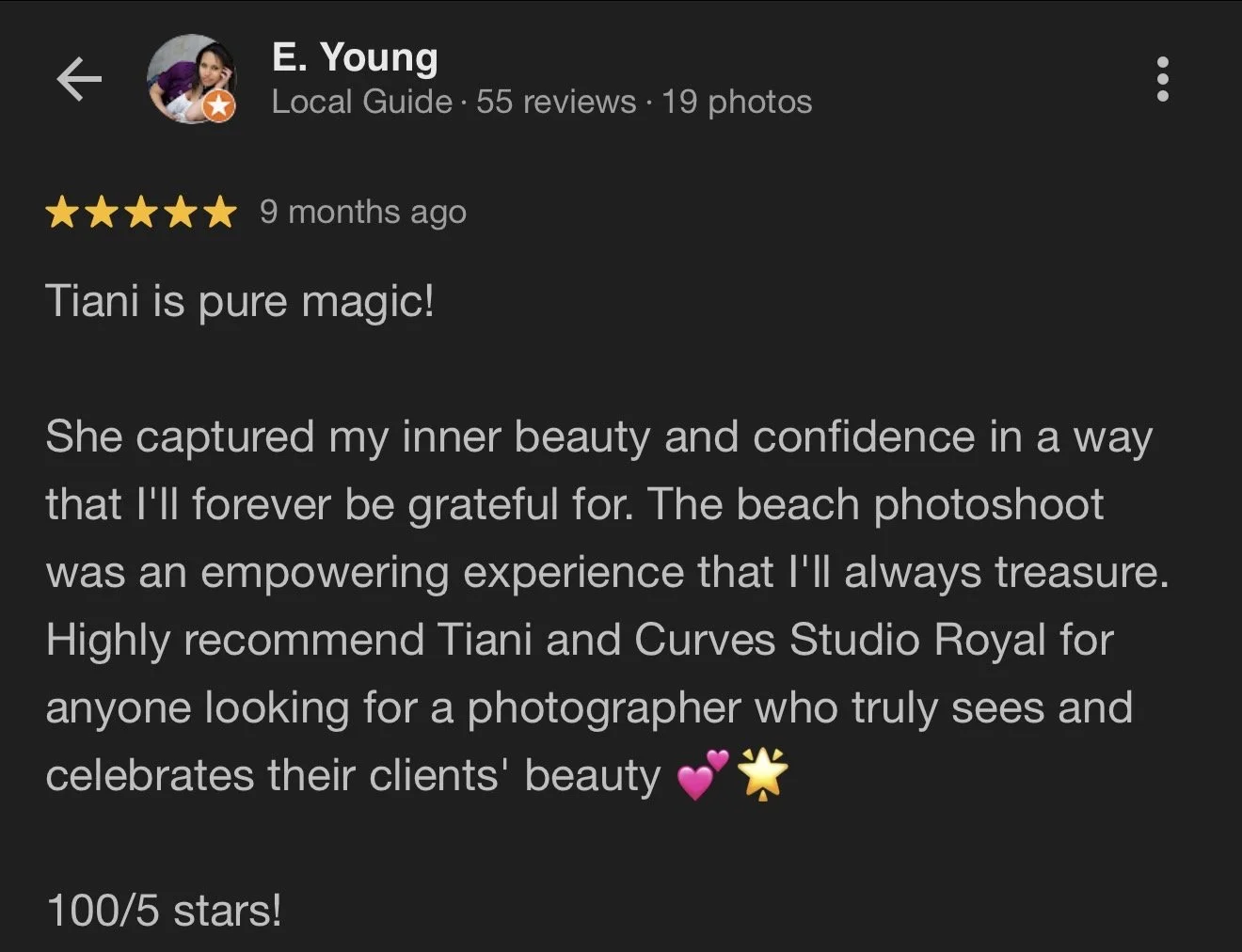 Screenshot of a Google review for Tiani and Curves Studio Royal, featuring a profile picture of a woman and a five-star rating.