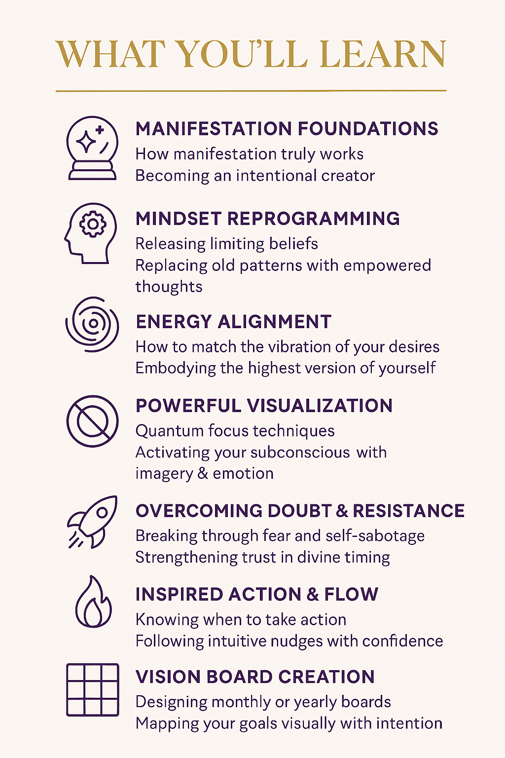 A list titled 'What You'll Learn' detailing six topics related to manifestation and personal growth, with corresponding icons for each topic.