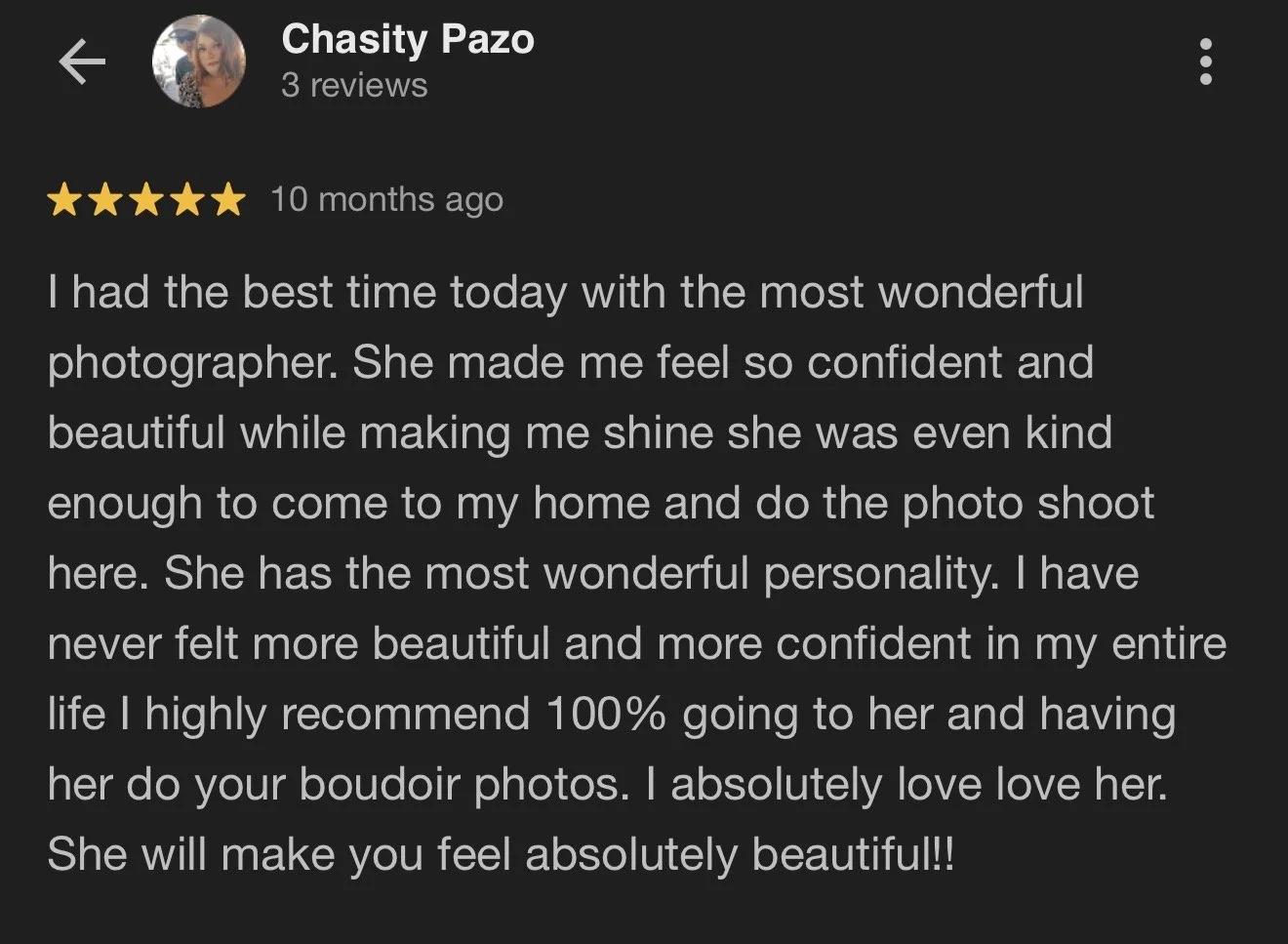 Screenshot of a review for a photographer named Chasity Pazo showing a five-star rating and positive feedback.