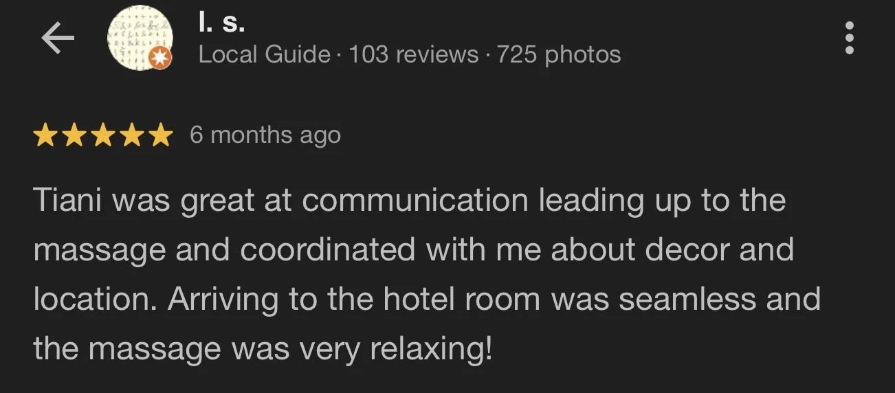 Screenshot of a Google review for a local guide named I. S. with five stars, praising the service of Tiani for communication, coordination, and massage experience leading to a seamless hotel check-in and relaxing massage.