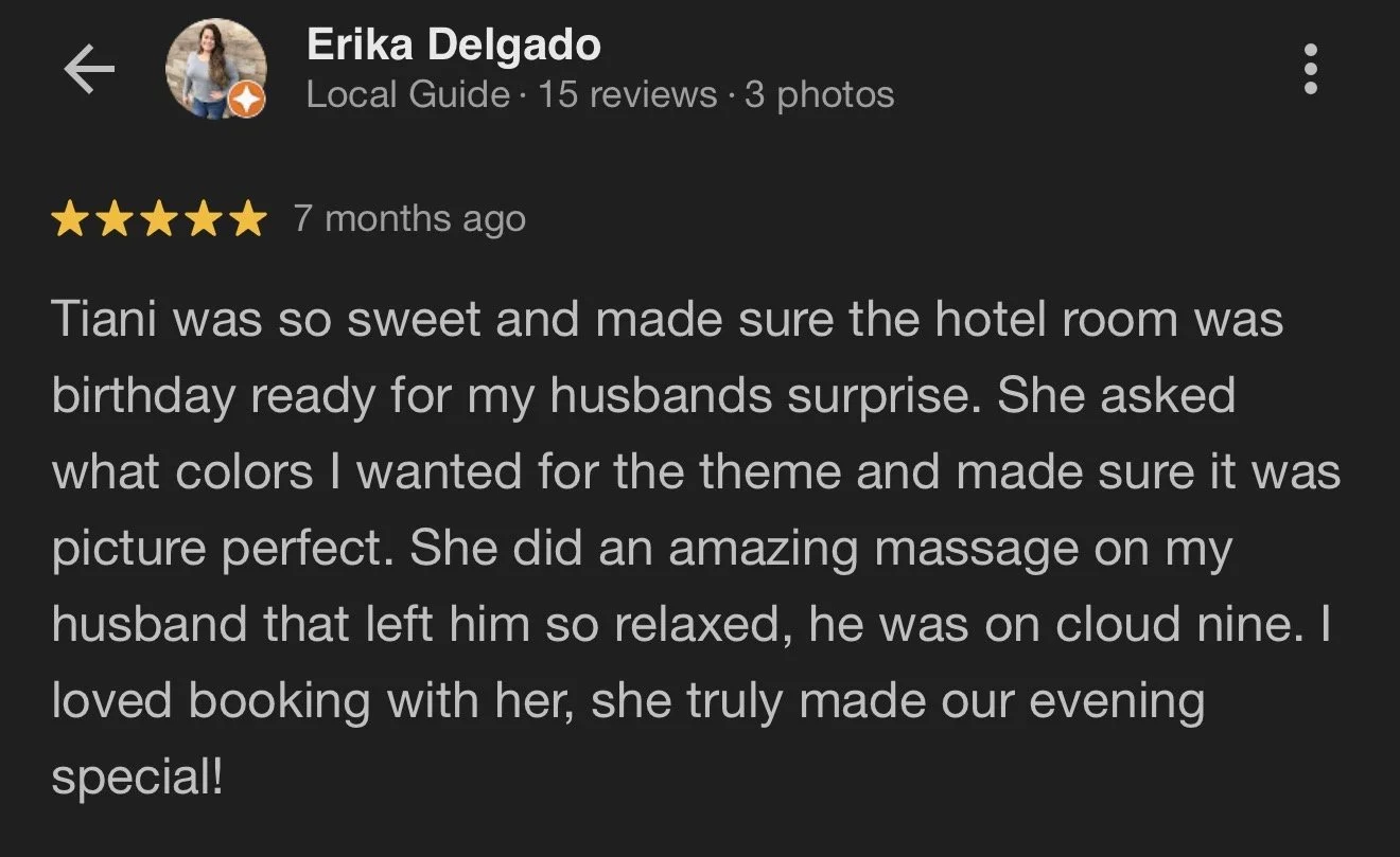 Screenshot of a Google review by Erika Delgado about a service, mentioning a person named Tiani who made a hotel room birthday ready and provided a massage.