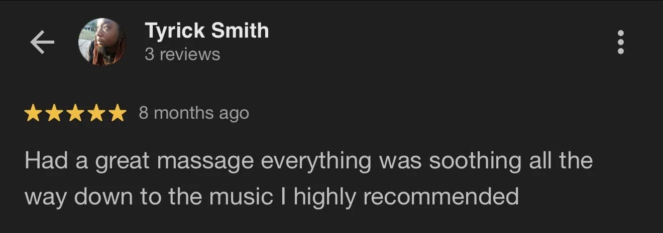 Screenshot of a Google review for a massage service, posted by Tyrick Smith, showing a 5-star rating, with the review text praising the massage and recommending it.