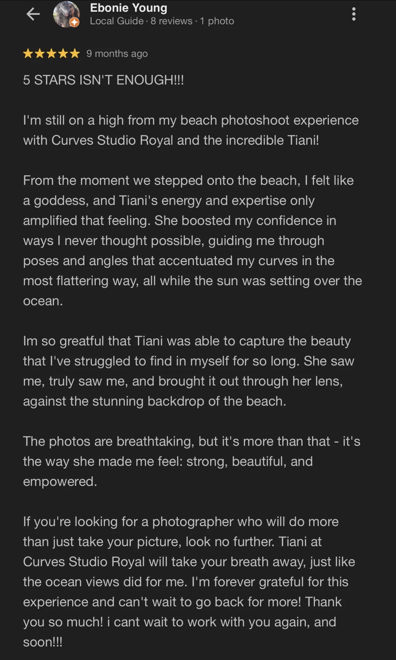 Screenshot of a positive review from a customer named Ebonie Young about a beach photoshoot experience with Tiani at Curves Studio Royal. The review praises Tiani's energy, expertise, and the stunning ocean backdrop, expressing gratitude and enthusia