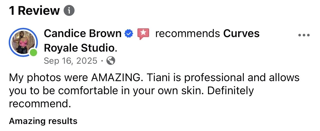 Facebook review by Candice Brown recommending Curves Royale Studio, dated September 16, 2025, praising her photos and the professionalism of Tiani.