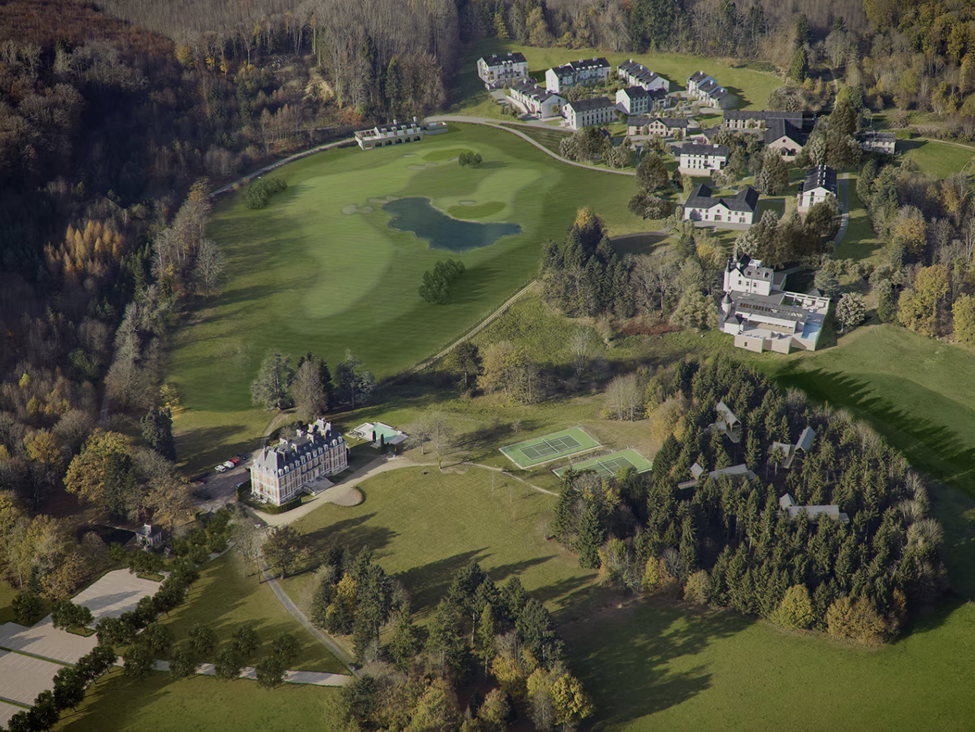  This large scale multimillion luxury resort in a tranquil country estate in rural France includes a Spa, horse-riding, 18-hole golf course and clubhouse, restaurant and 16 accommodation buildings containing 220 holiday apartments for up to 1000 gues