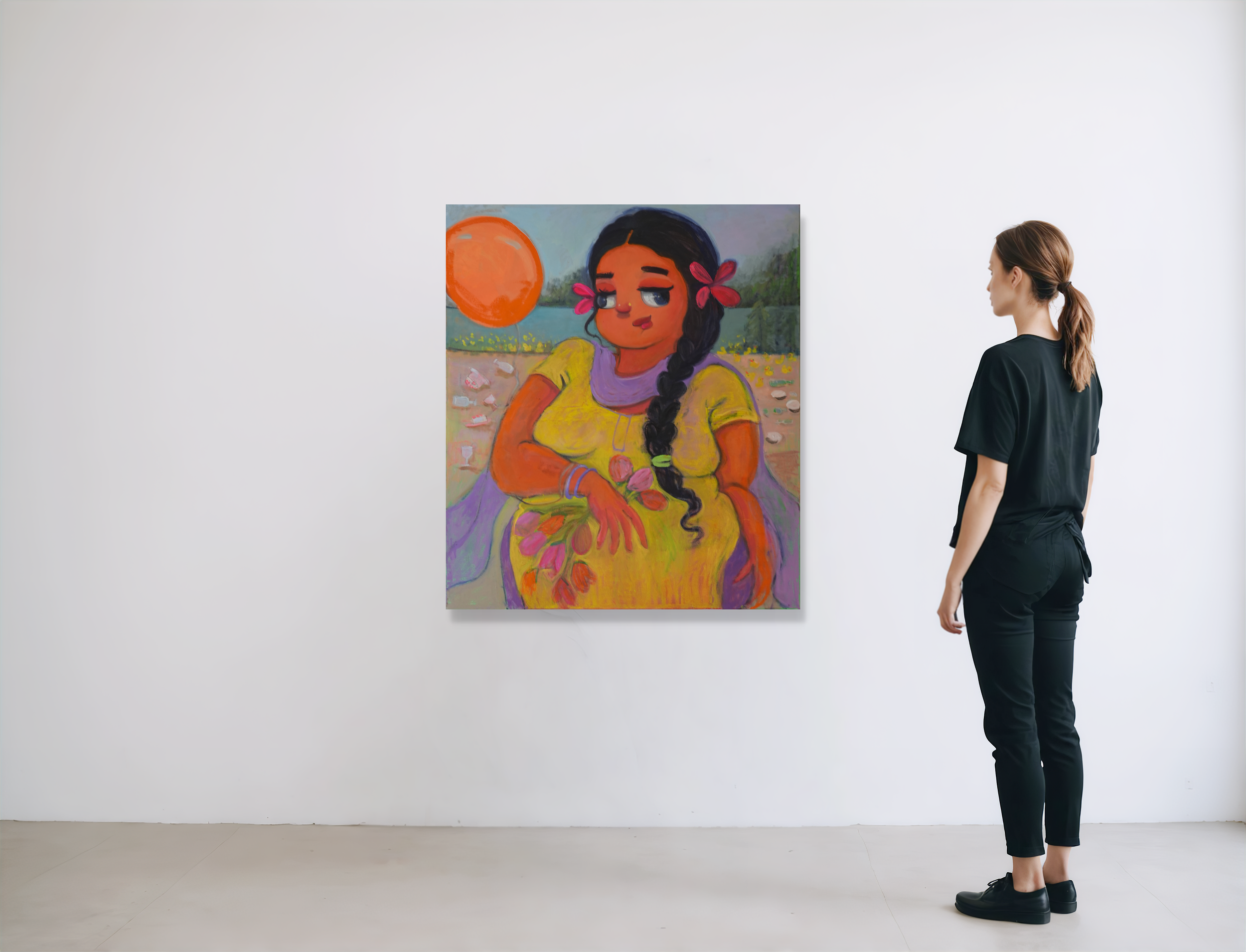 A woman with brown hair tied in a ponytail, wearing black pants and a black shirt, looking at a colorful painting of a girl with long braided hair and flowers in her hair, set against a landscape with a large orange sun and green trees.