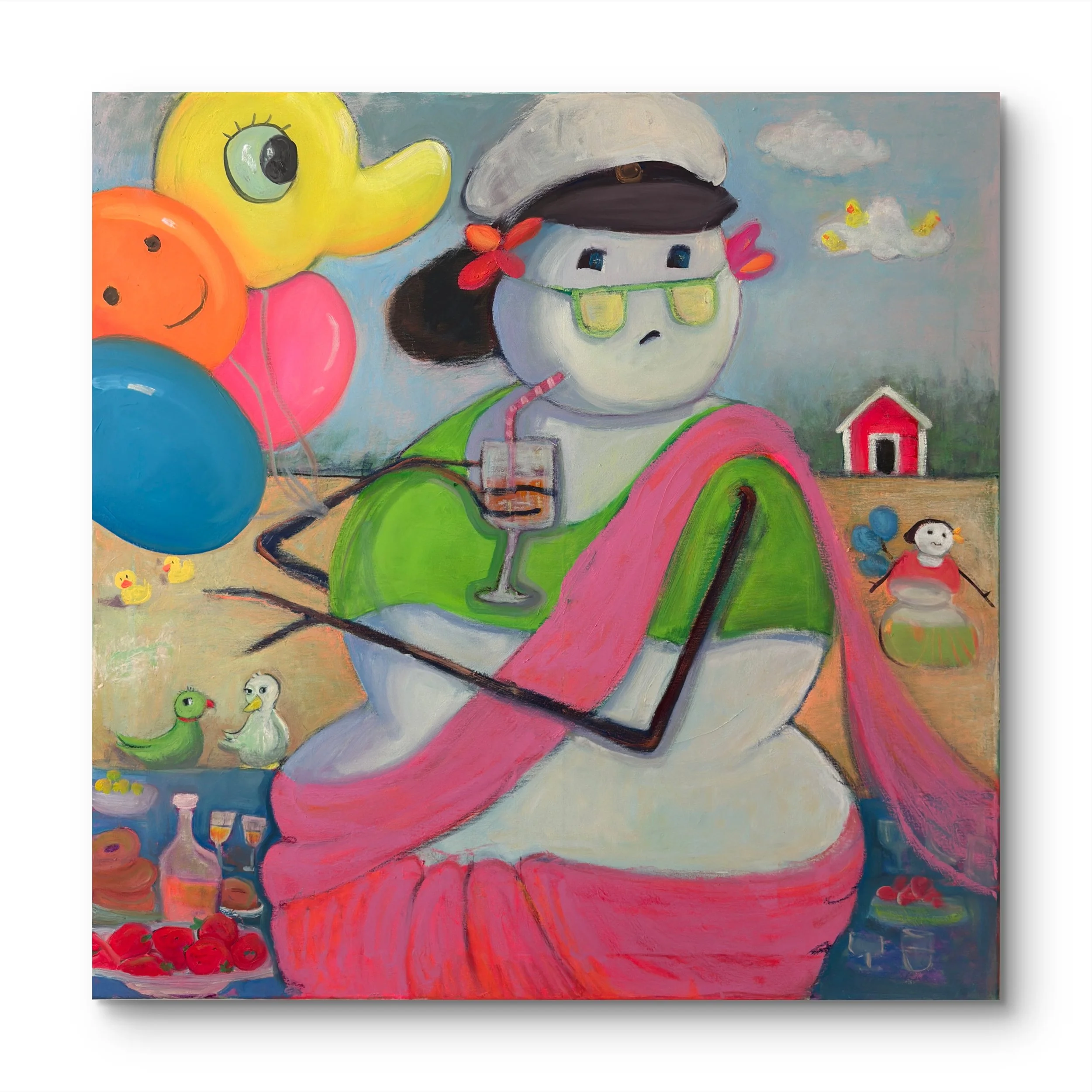 A colorful painting of a girl wearing sunglasses, with balloons, ducks, a small house, and a snowman in a whimsical outdoor scene.