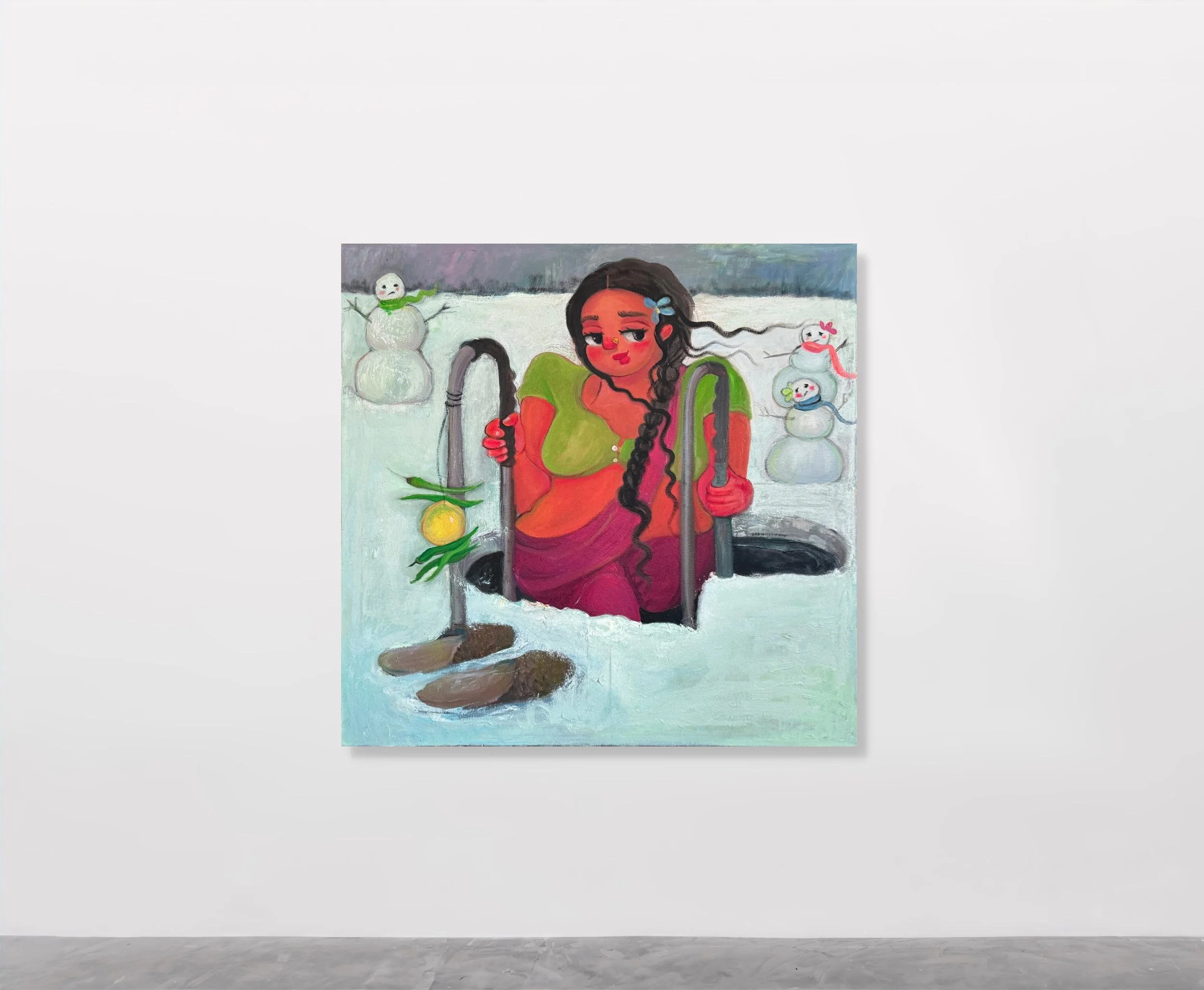 Painting of a woman in a swimming pool with snowmen and snow on the ground in the background.