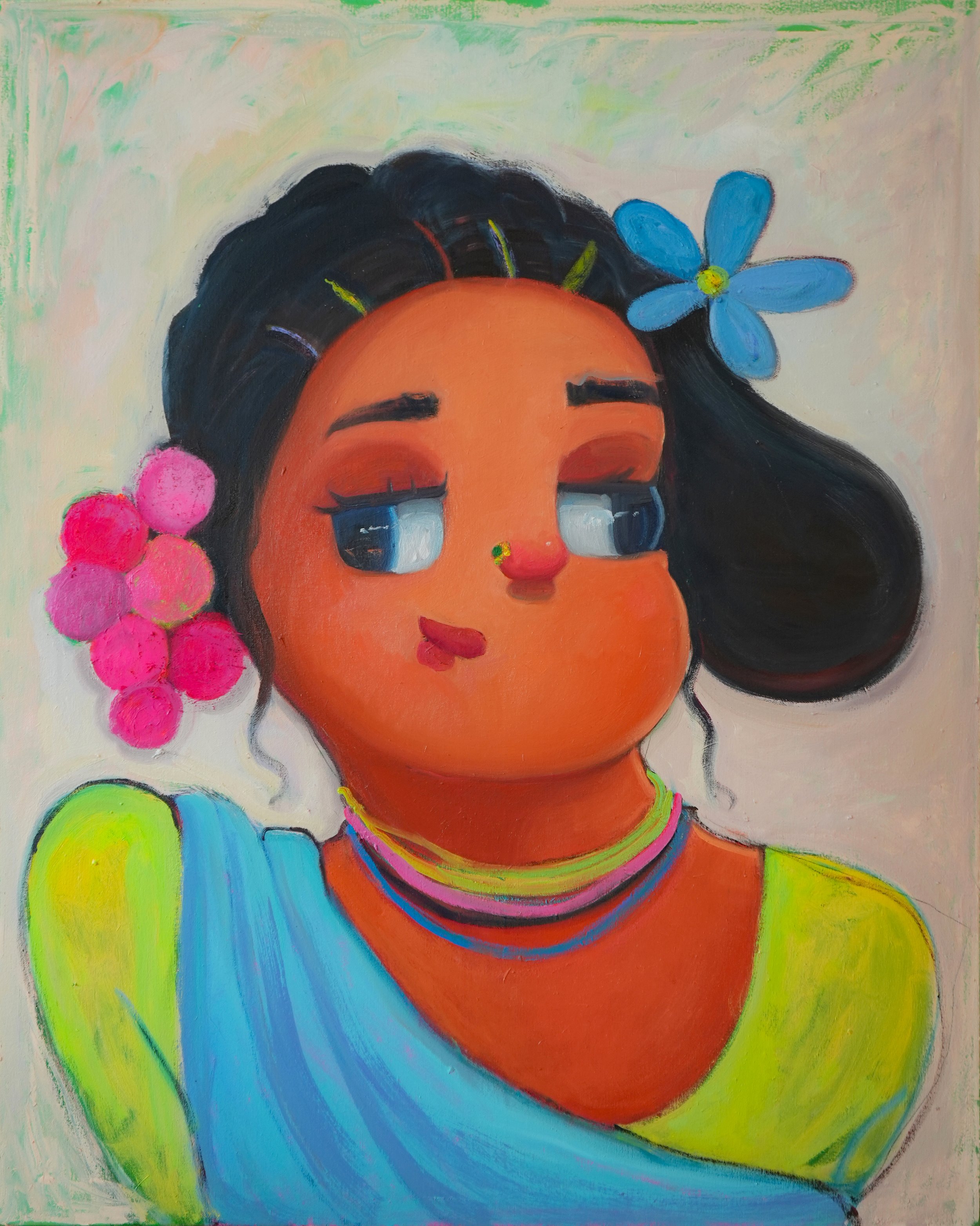 Colorful painting of a girl with tan skin, black hair, and closed eyes, wearing necklaces and earrings, adorned with blue flowers and pink pom-poms, against a vibrant, abstract background with shades of green, blue, and yellow.