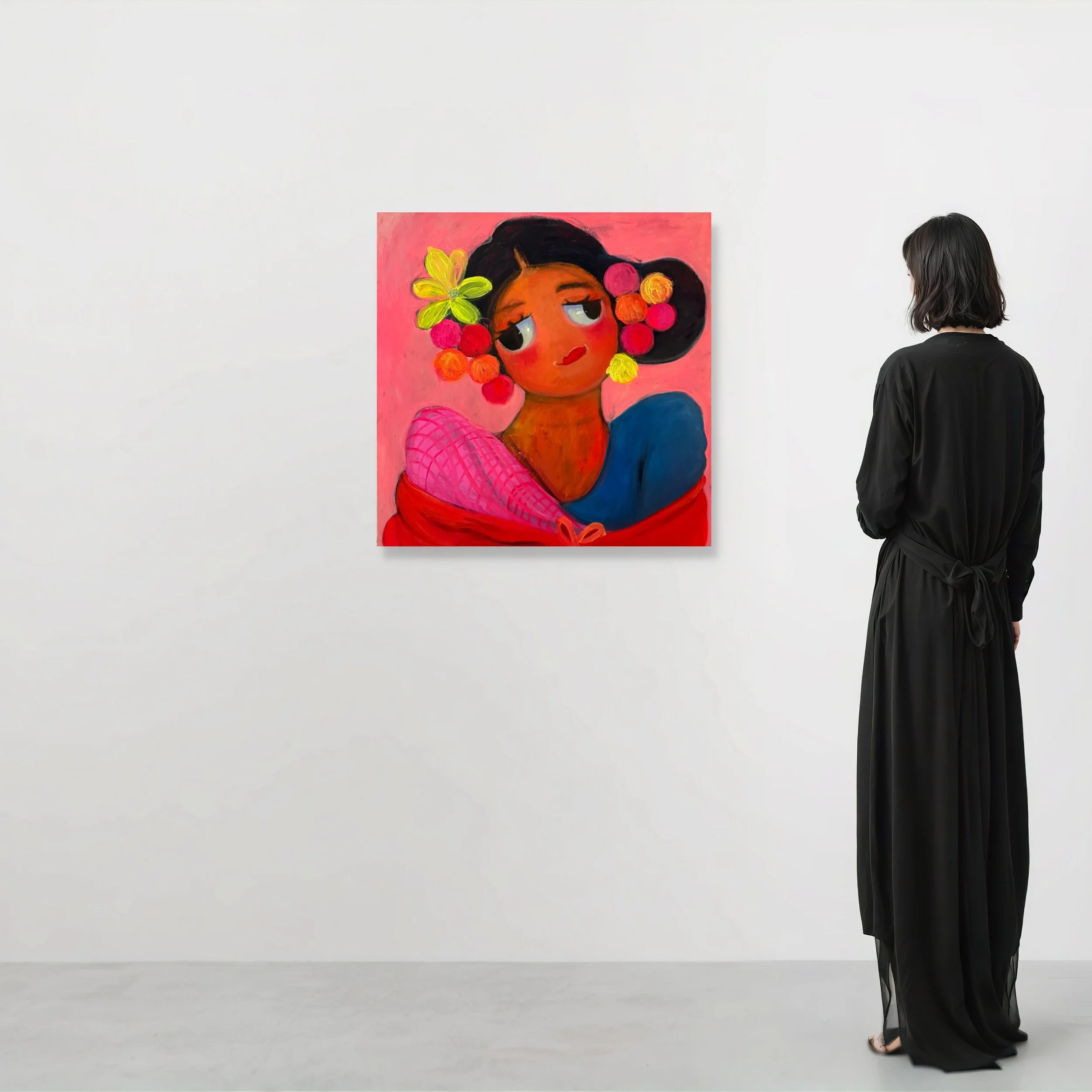 A woman in a black dress stands in an art gallery looking at a colorful painting of a girl with dark hair adorned with fruit and flowers, set against a pink background.