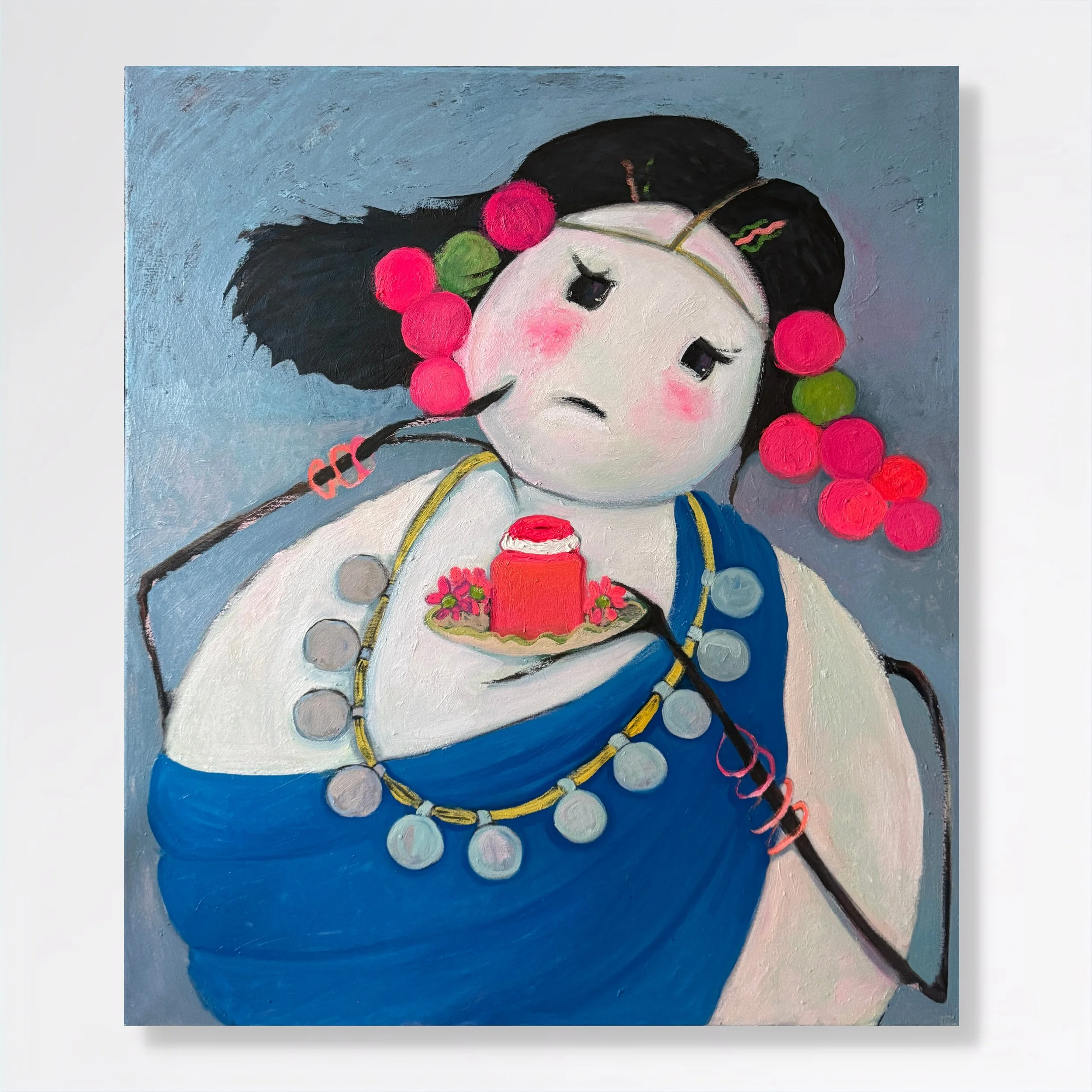 Painting of a sad, animated Japanese female character with cherry blossoms in her hair, wearing traditional clothing, holding a cake with flowers.