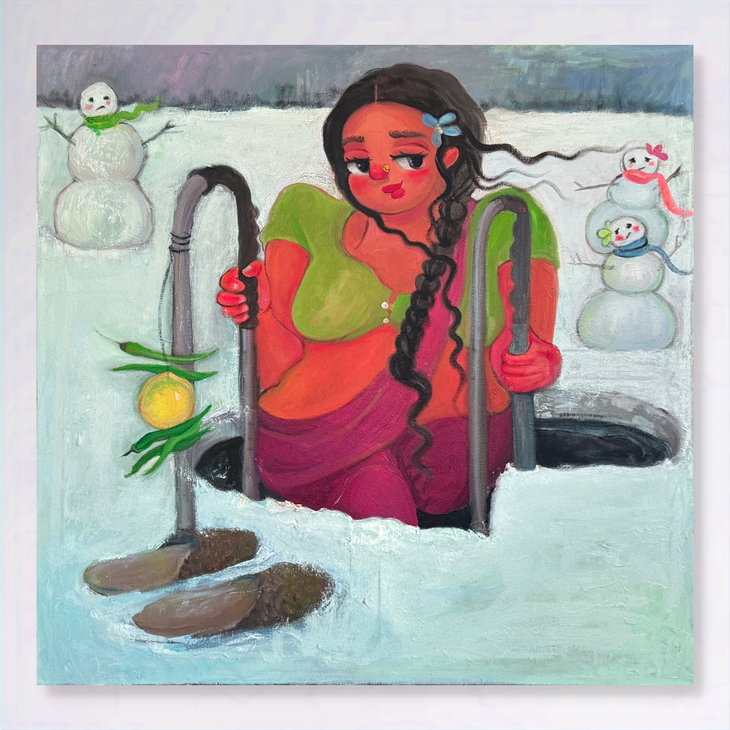 A woman with long, curly black hair and a blue hair clip is emerging from a hole in the snow, holding on to the sides of the hole with both hands. She is wearing a green and orange top with pink pants. There are three snowmen in the background, each 