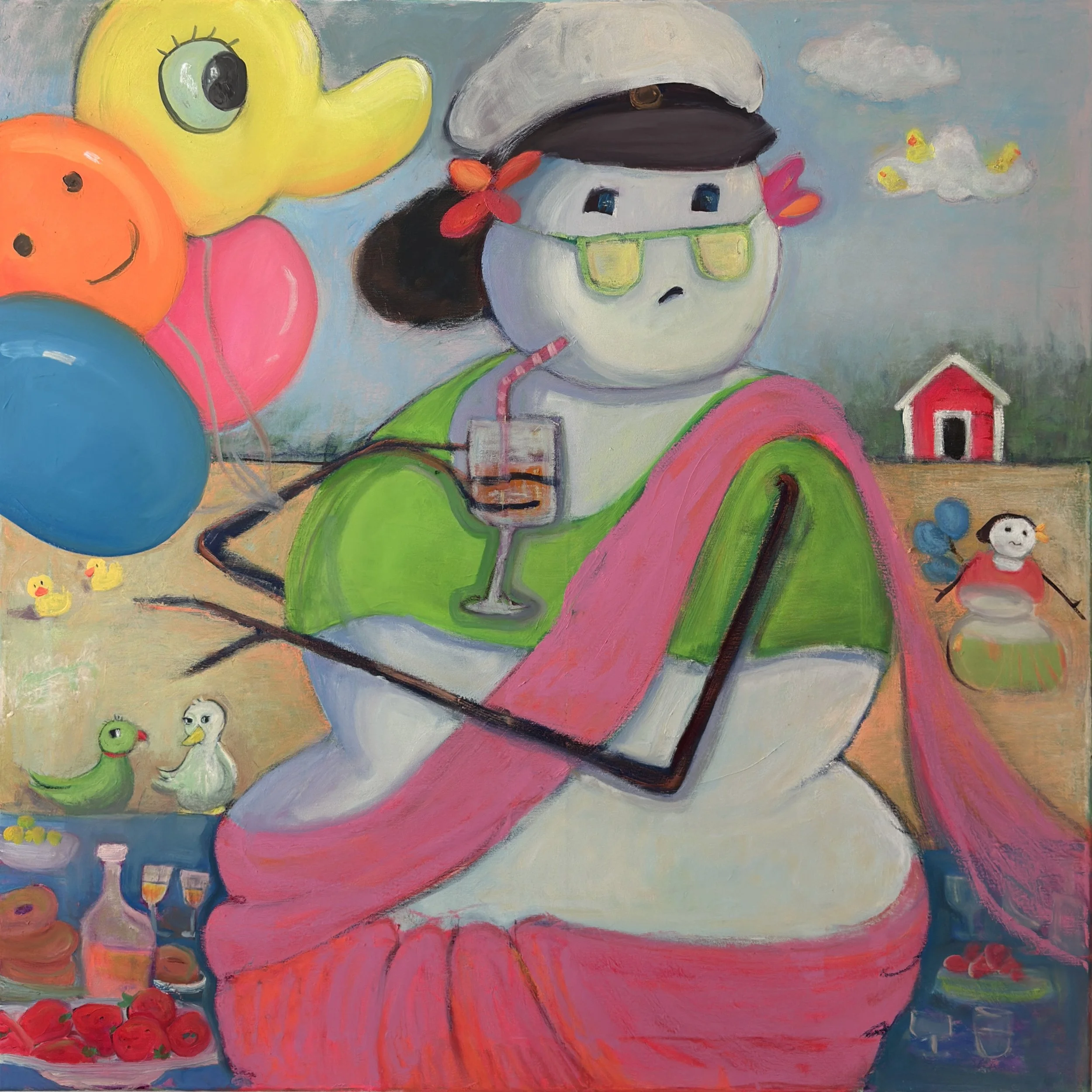 A colorful painting of a girl with dark hair wearing a white cap, green glasses, and a green sleeveless top. She is surrounded by balloons, clouds, ducks, a small red house, and a small dog in a whimsical, cartoonish style.