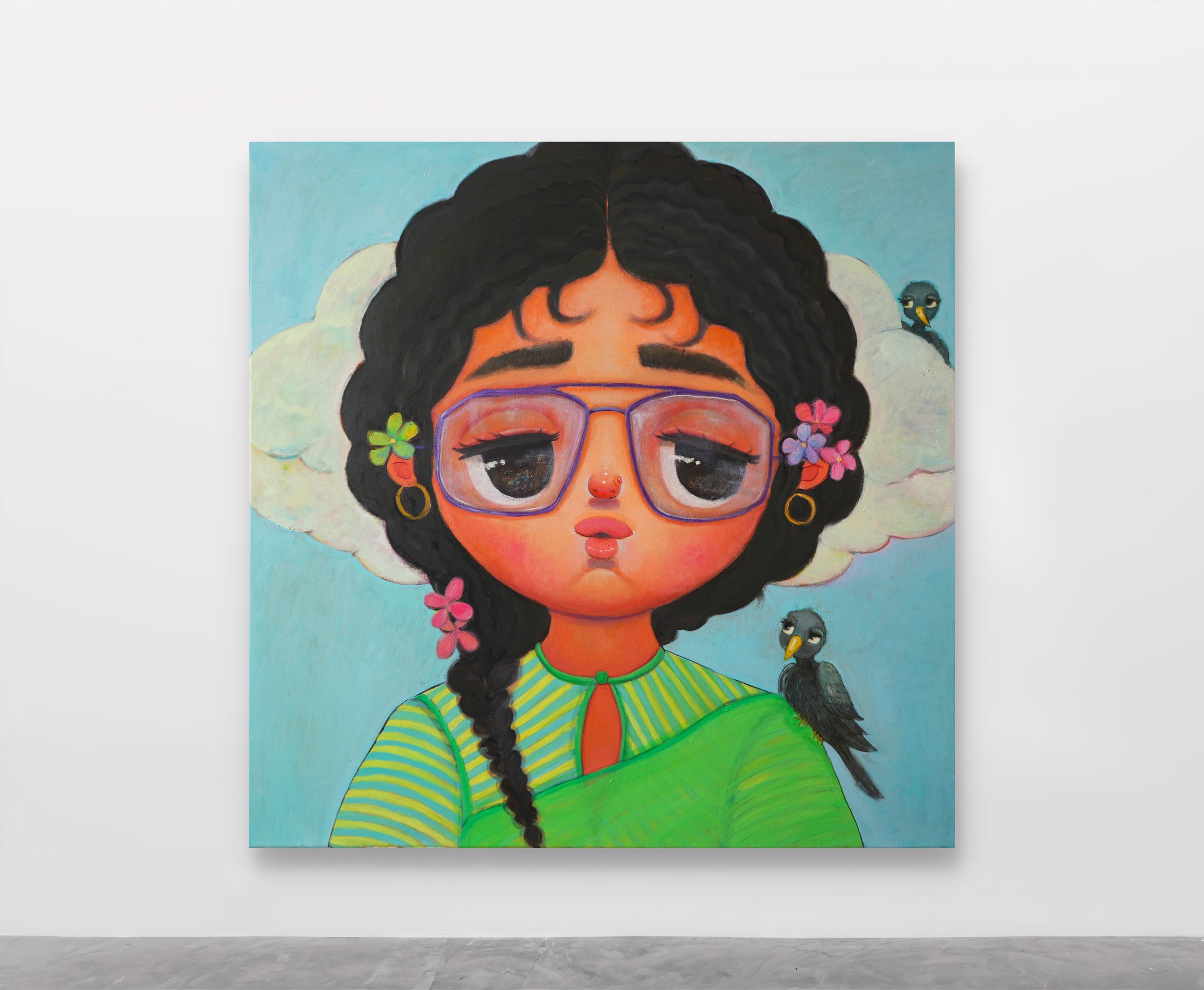 Colorful painting of a woman with dark, curly hair, wearing glasses. She has flowers in her hair and is dressed in a striped green and yellow shirt, with a rounded cloud-like background and small bird figures.