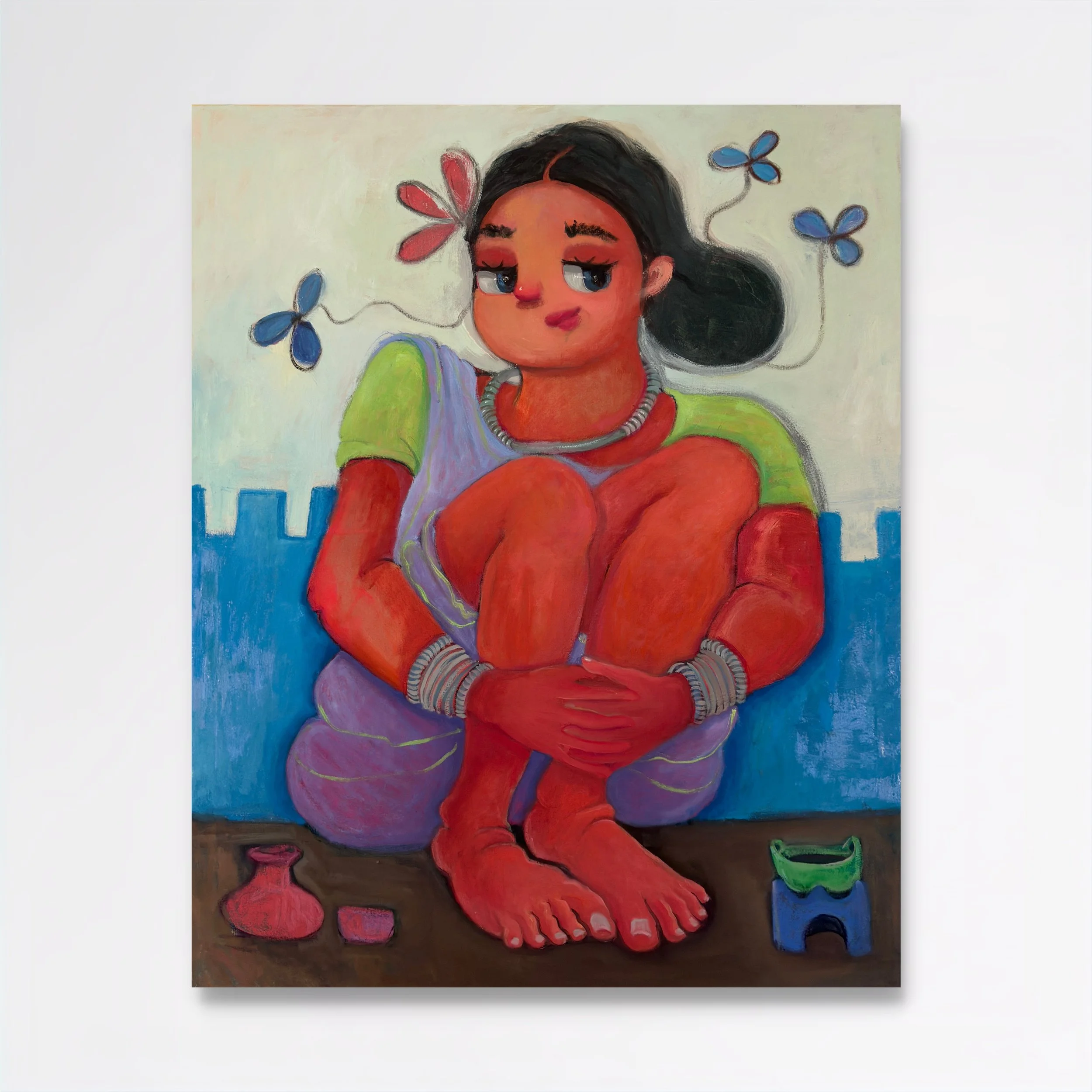 Colorful painting of a girl with dark hair, red cheeks, and a confident expression, surrounded by butterflies, sitting on a brown surface with gardening tools nearby.