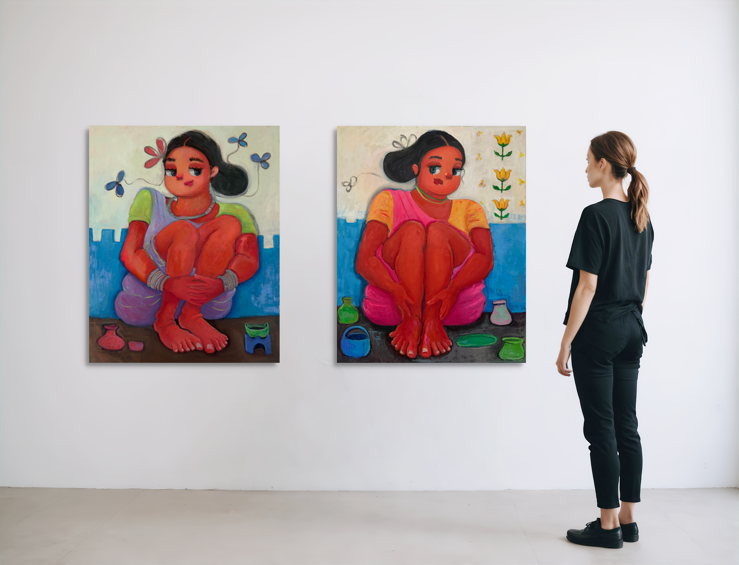 An art gallery with a woman observing two large colorful paintings of a girl with dark hair, sitting with her arms wrapped around her knees, surrounded by butterflies and flowers.