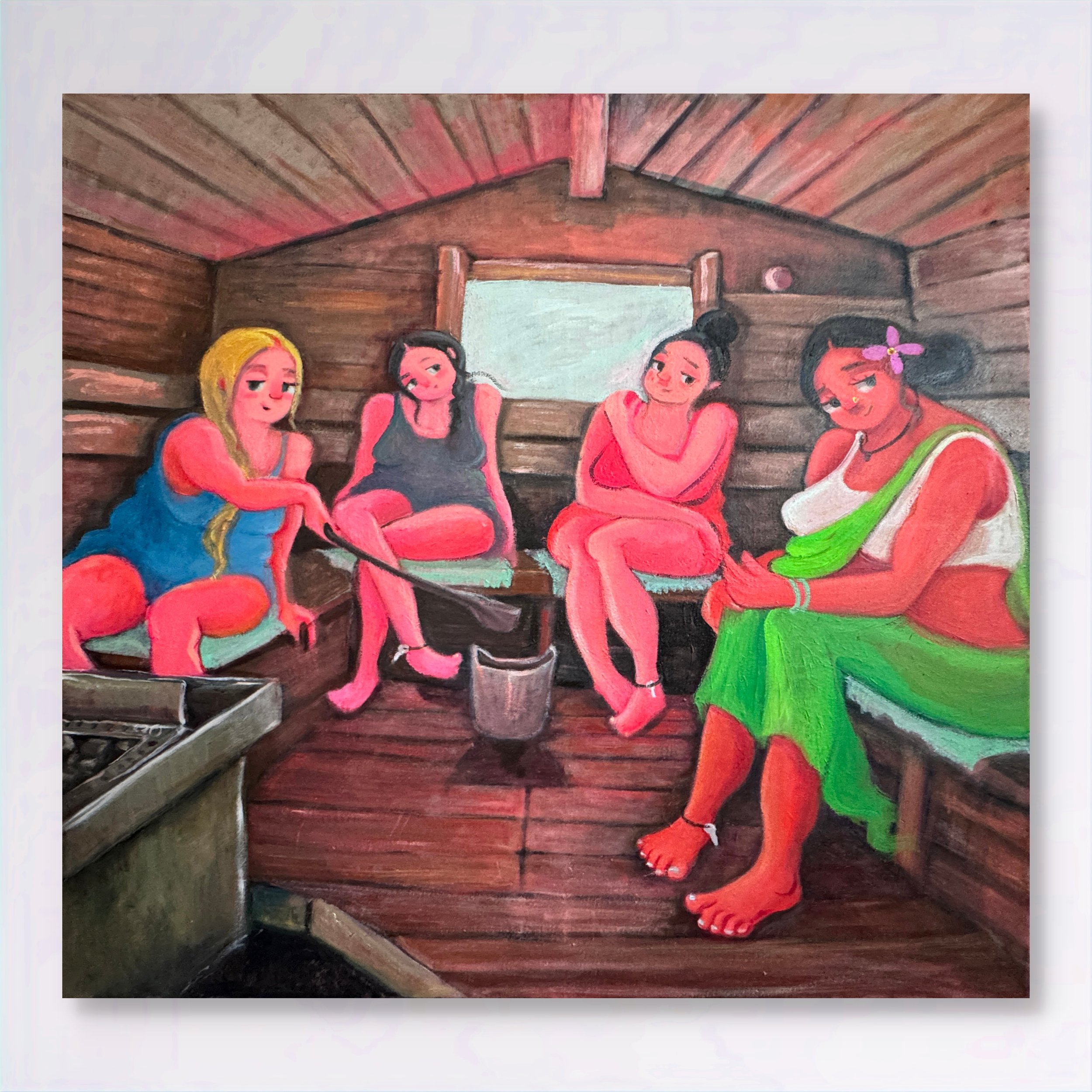Four women sitting in a wooden sauna room, one is using a ladle to pour water onto the sauna rocks, while the others relax and chat.