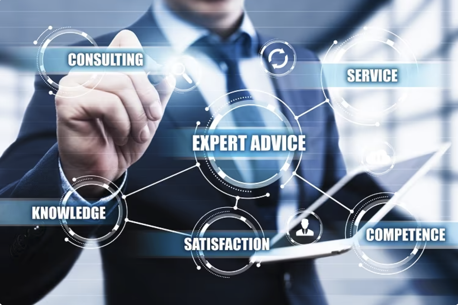 A person in a suit interacting with a digital interface displaying words like 'Consulting,' 'Service,' 'Knowledge,' 'Expert Advice,' 'Satisfaction,' 'Competence,' connected by lines in a network.