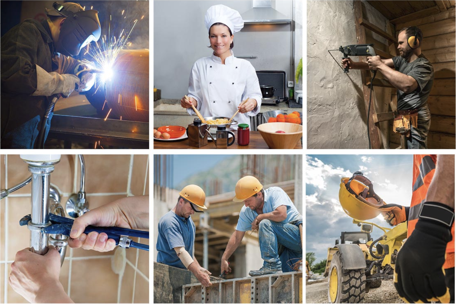 Collage of various professions including a welder welding metal, a female chef preparing food in a kitchen, a man shooting a gun in a wood structure, a plumber fixing pipes, construction workers building a wall, and a construction worker operating a heavy-duty vehicle on a construction site.