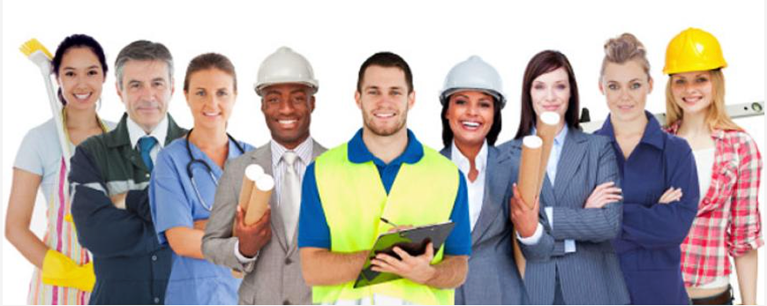 Group of diverse professionals including healthcare worker, engineer, construction worker, and business women standing together.