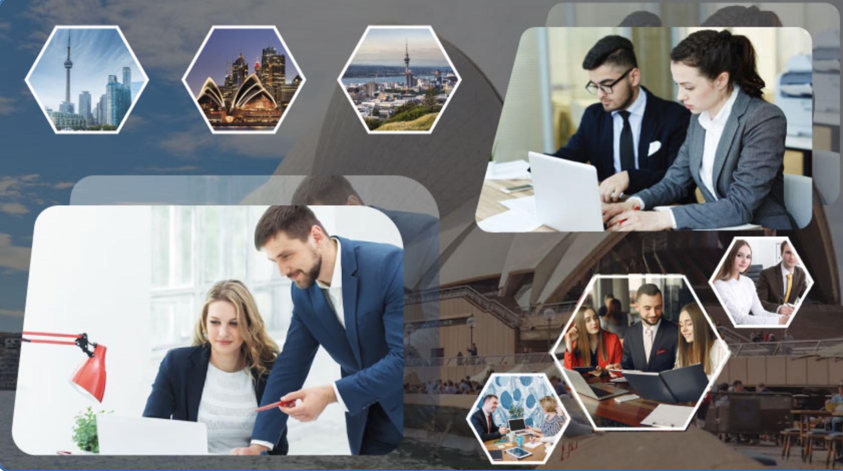 Collage of images depicting business meetings, office work, and city skylines including Toronto, Sydney, and Auckland.
