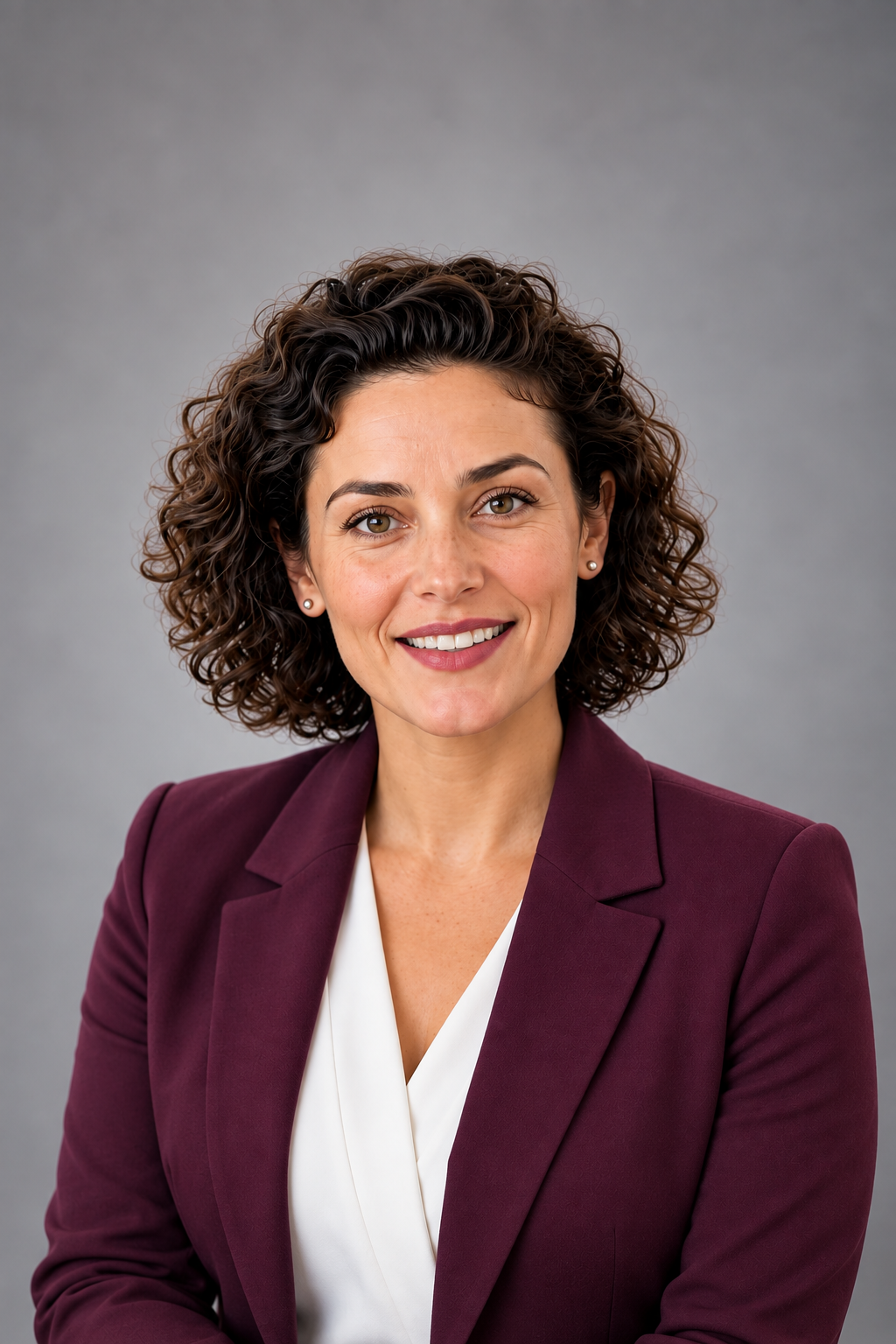A woman with curly hair wearing a black blazer and a white top, smiling against a plain blue background.