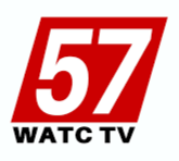 Logo of WATC TV channel with the number 57 in red and white