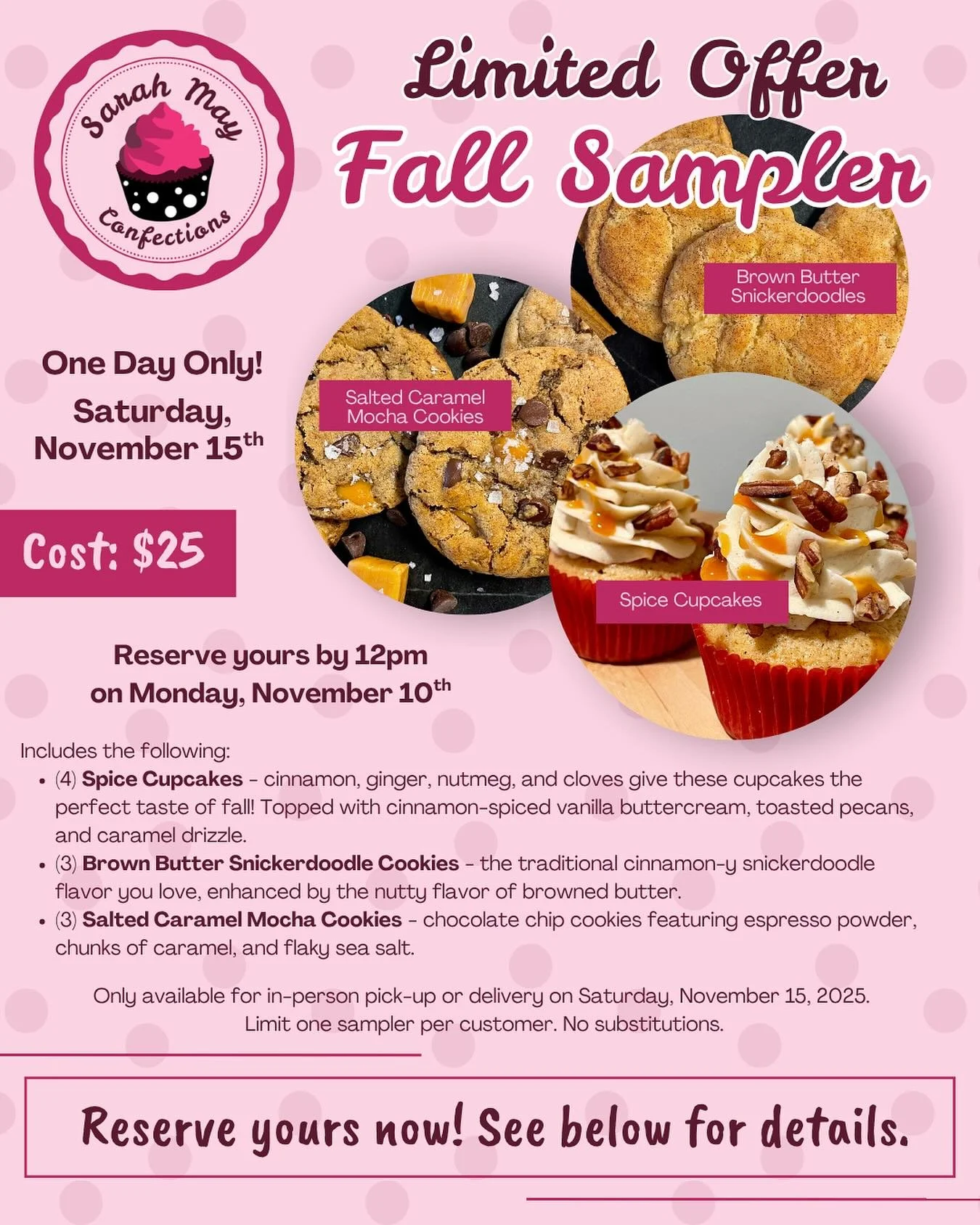 Attention local friends: I&rsquo;m trying something new! 🍁

Next Saturday, November 15th, I will have a limited number of fall samplers available for purchase. Reserve yours today by sending me a DM here or an email to sarahmayconfections@gmail.com.