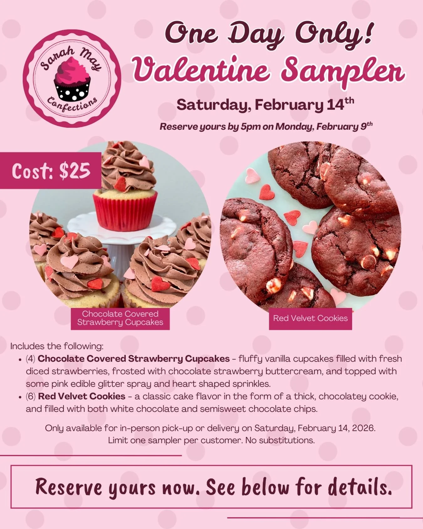 I&rsquo;m kicking off February with another sampler drop for Saturday, February 14th! These limited samplers will feature sweet Valentine&rsquo;s Day treats, including Chocolate Covered Strawberry Cupcakes and Red Velvet Cookies. 💝

Reserve yours to