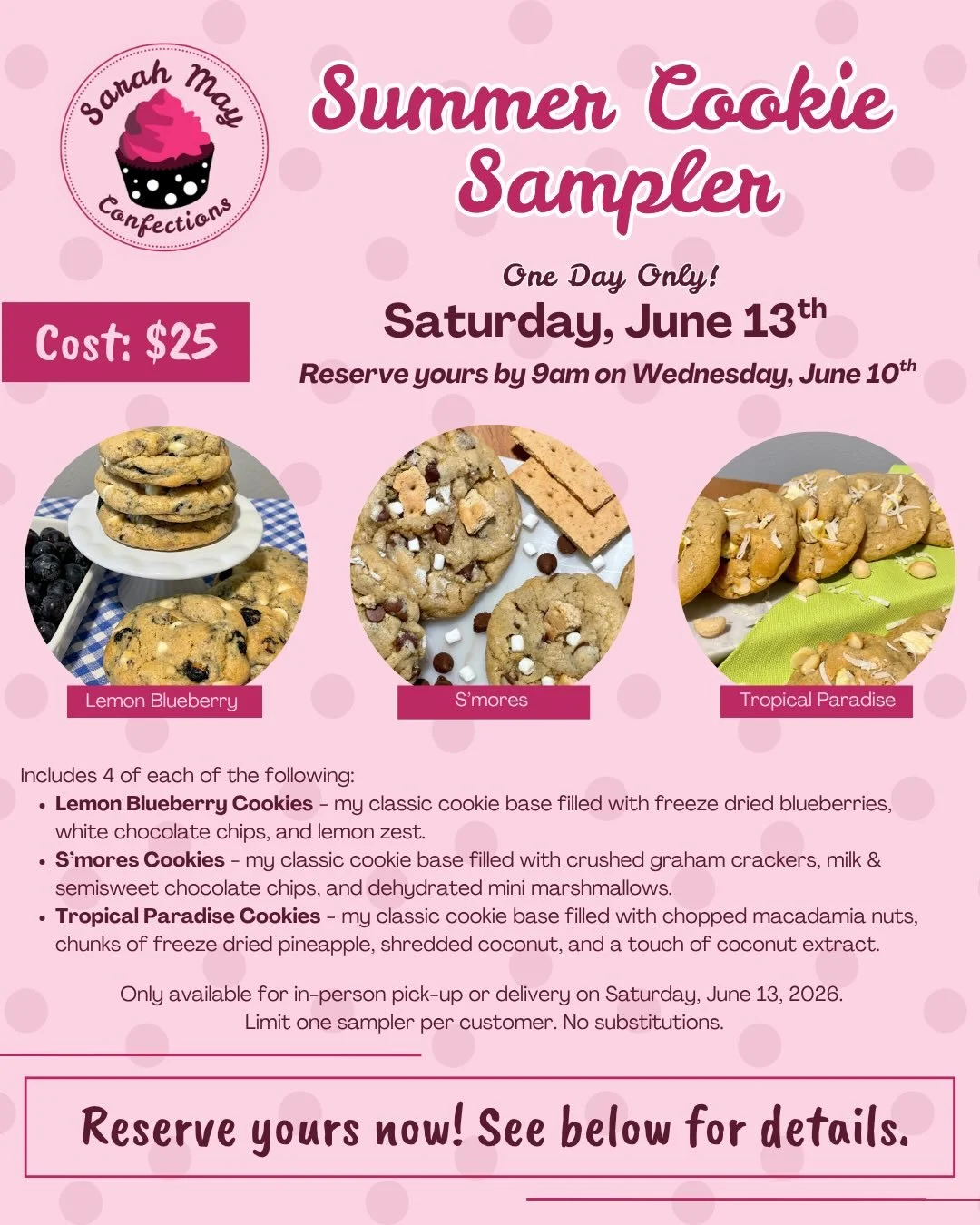 My next sampler drop is coming on Saturday, June 13th! These limited samplers will feature three summery cookie flavors, including Lemon Blueberry, S&rsquo;mores, and Tropical Paradise. 🫐🍫🍍

Reserve yours today by sending me a DM here or an email 