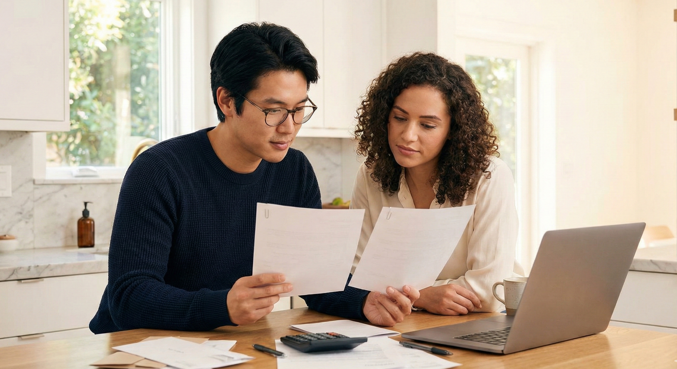 Young couple sitting at a kitchen table reviewing two mortgage options, deciding between a two-year or five-year fixed deal, Wirral mortgages advice concept