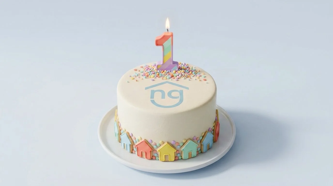Birthday cake celebrating one year of NG Mortgages, whole of market mortgage broker based in Greasby, Wirral.