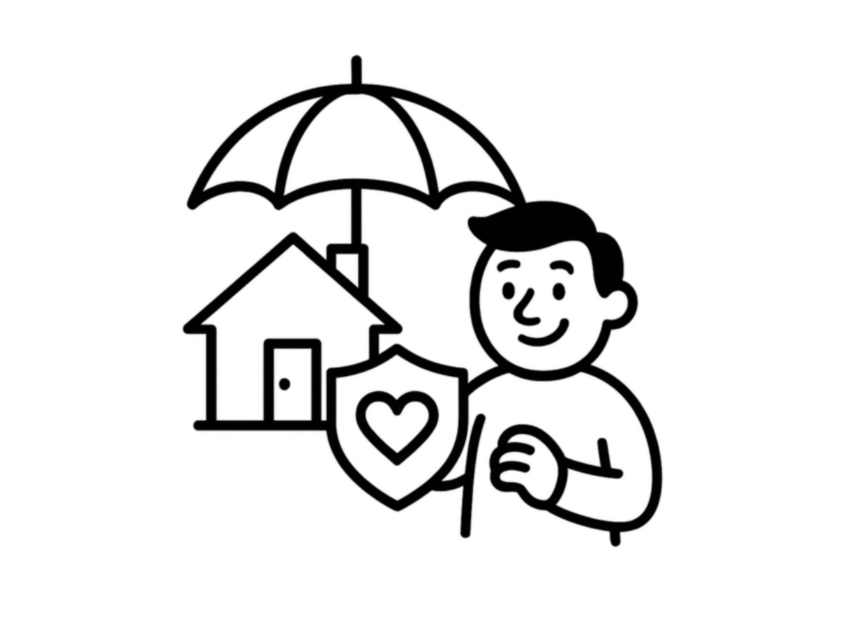 Line drawing illustration of a man holding an umbrella over a home, symbolising mortgage protection and insurance advice in Wirral.