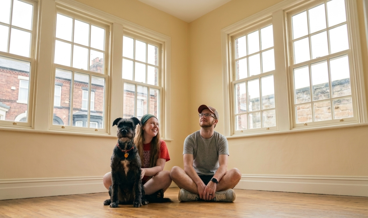A young woman, a young man, and a dog sitting on a wooden floor in a bright room with large windows after successfully buying their first home with NG Mortgage, Wirral Mortgage Broker.