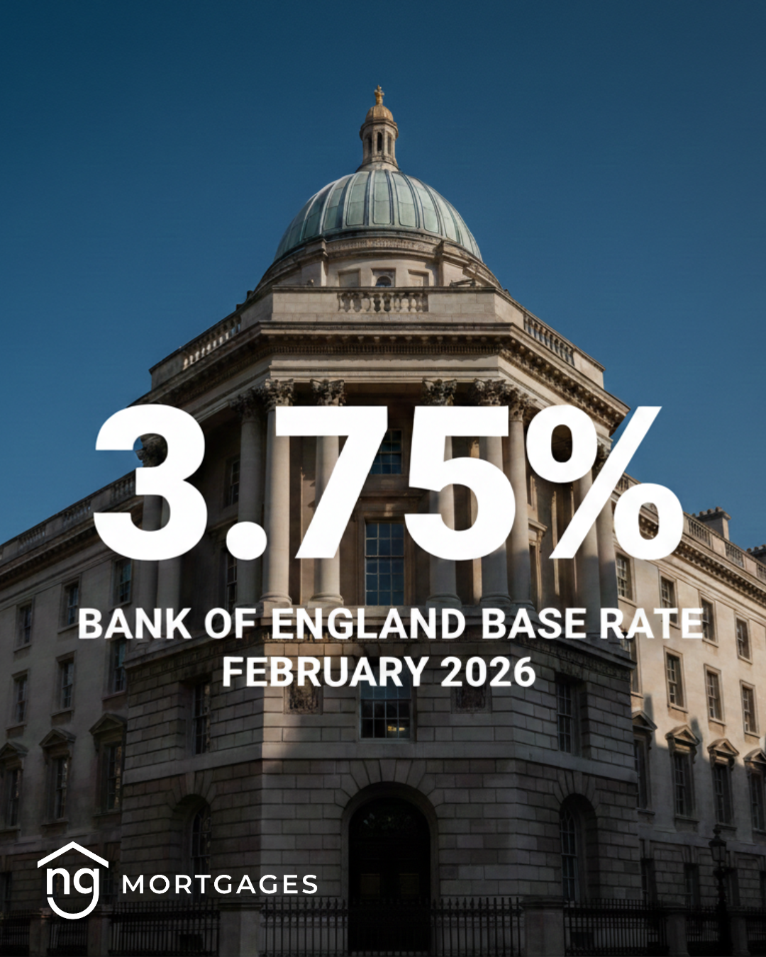 Bank of England building in London with a 3.75% interest rate overlay, illustrating the February 2026 base rate hold and its impact on Wirral mortgage rates.