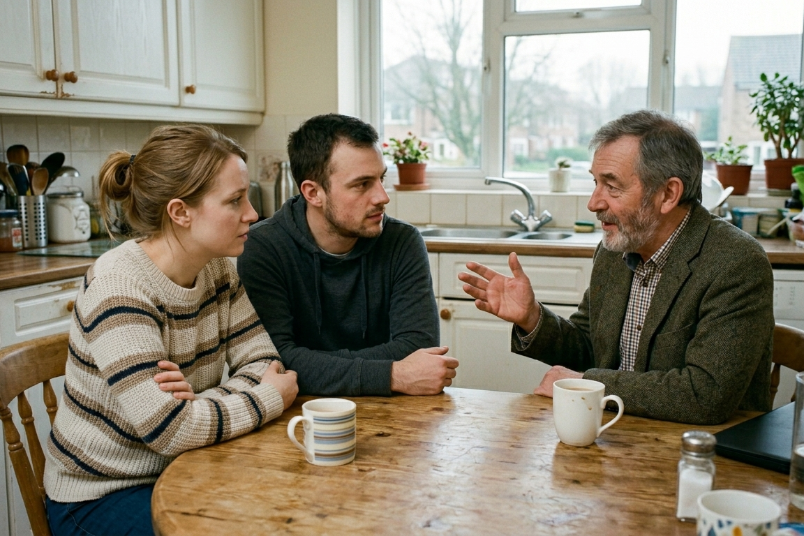 A tenant couple having a relaxed but professional discussion with their landlord about buying the property they are currently renting.