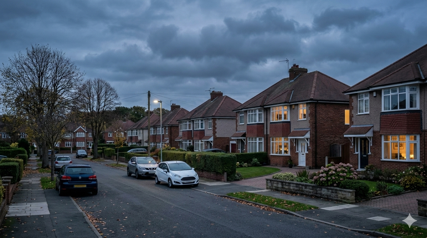 Residential street in the Wirral at dusk with homes under a moody sky, representing changes in mortgage rates due to global events