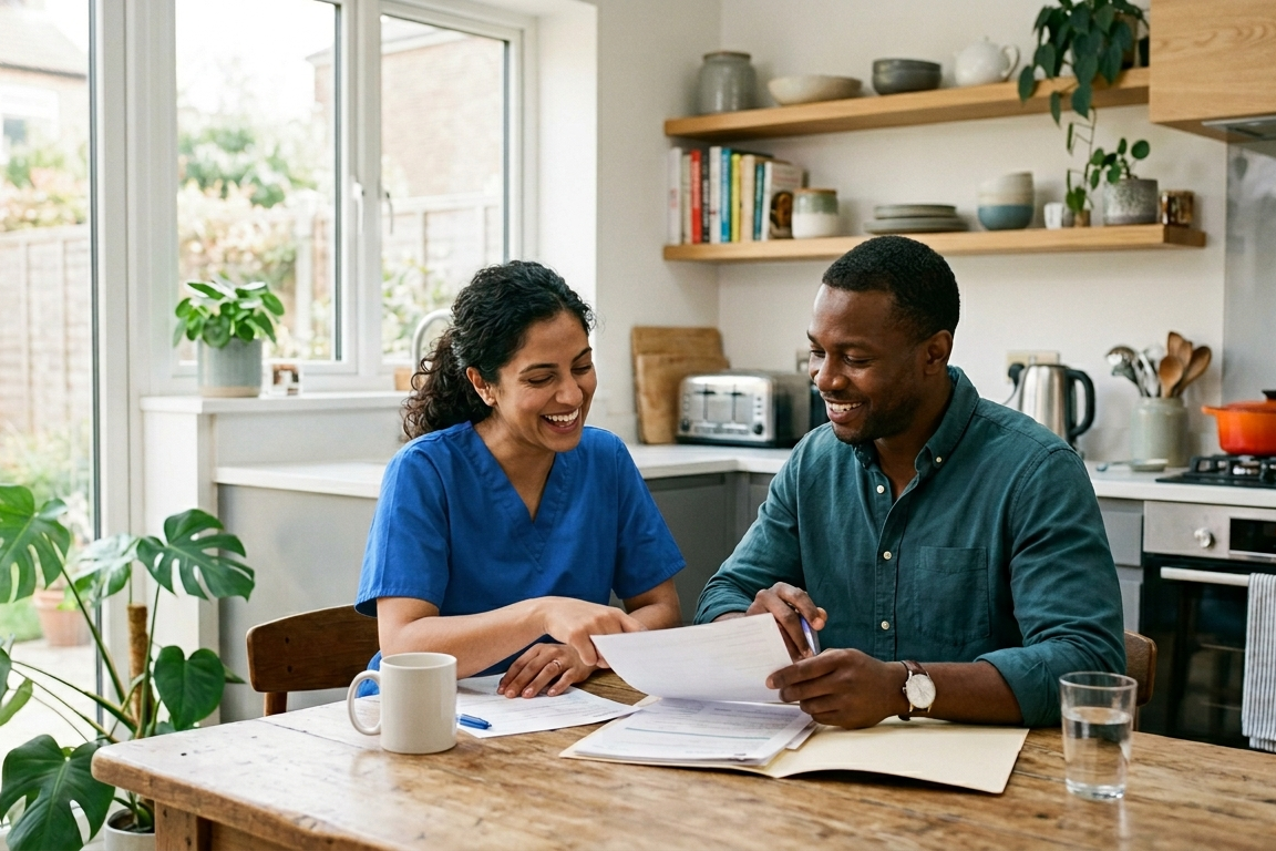 An NHS staff member reading mortgage paperwork, provided by NG Mortgages, Wirral Mortgage Broker.