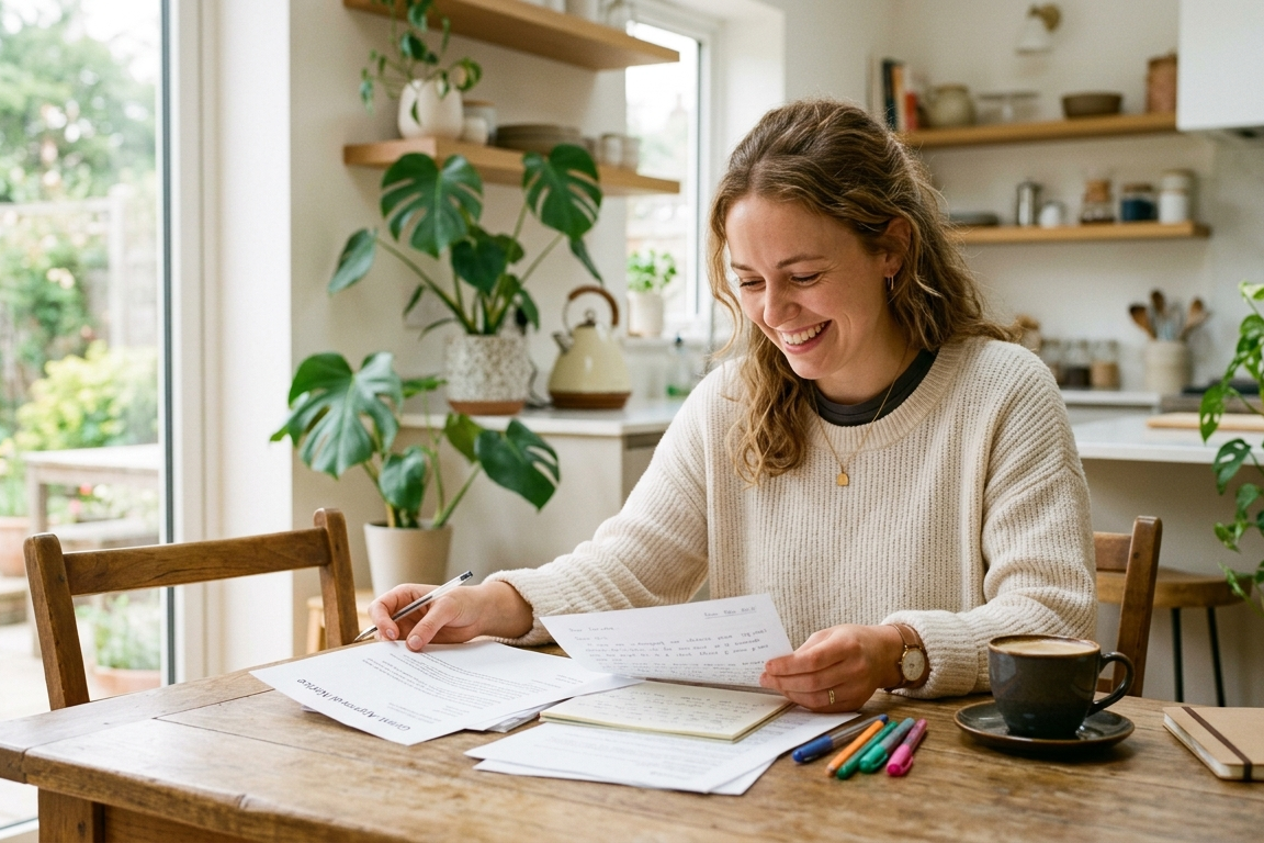 A Wirral teacher sitting happily in her new home following a successful mortgage application with NG Mortgages, Wirral mortgage broker.