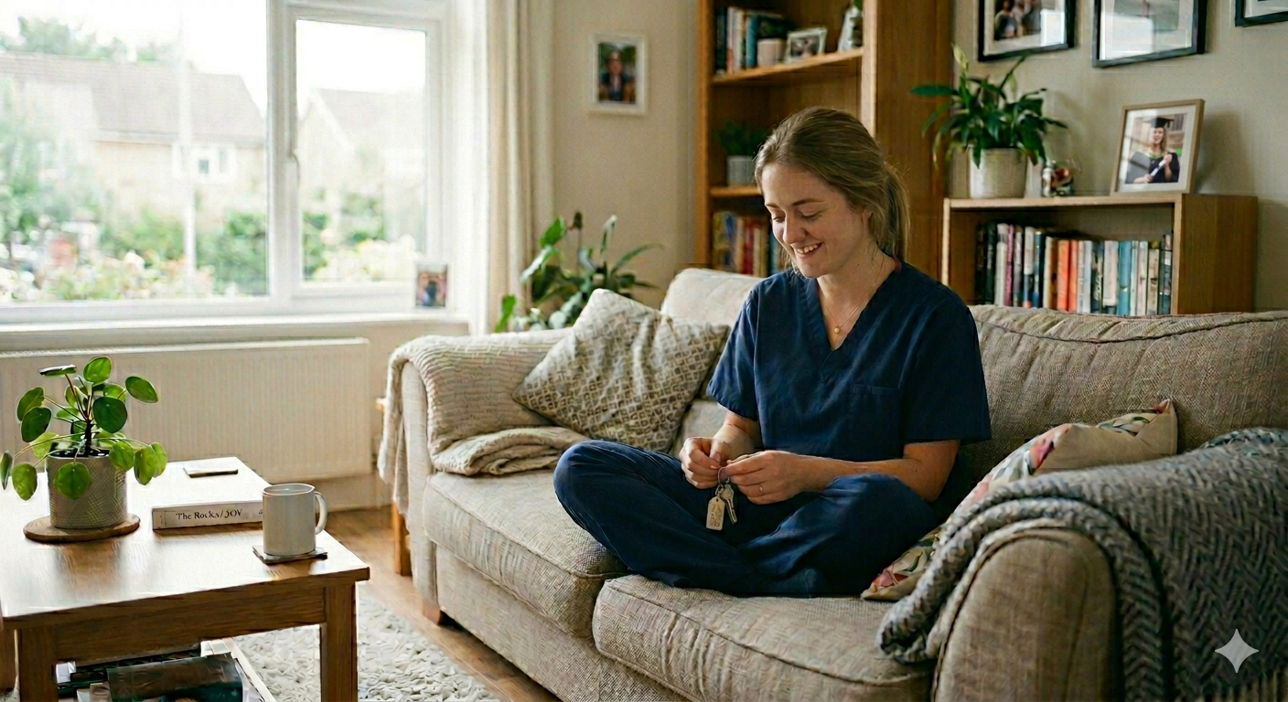 An NHS staff member sitting happily in her new home following a successful mortgage application with NG Mortgages, Wirral mortgage broker.